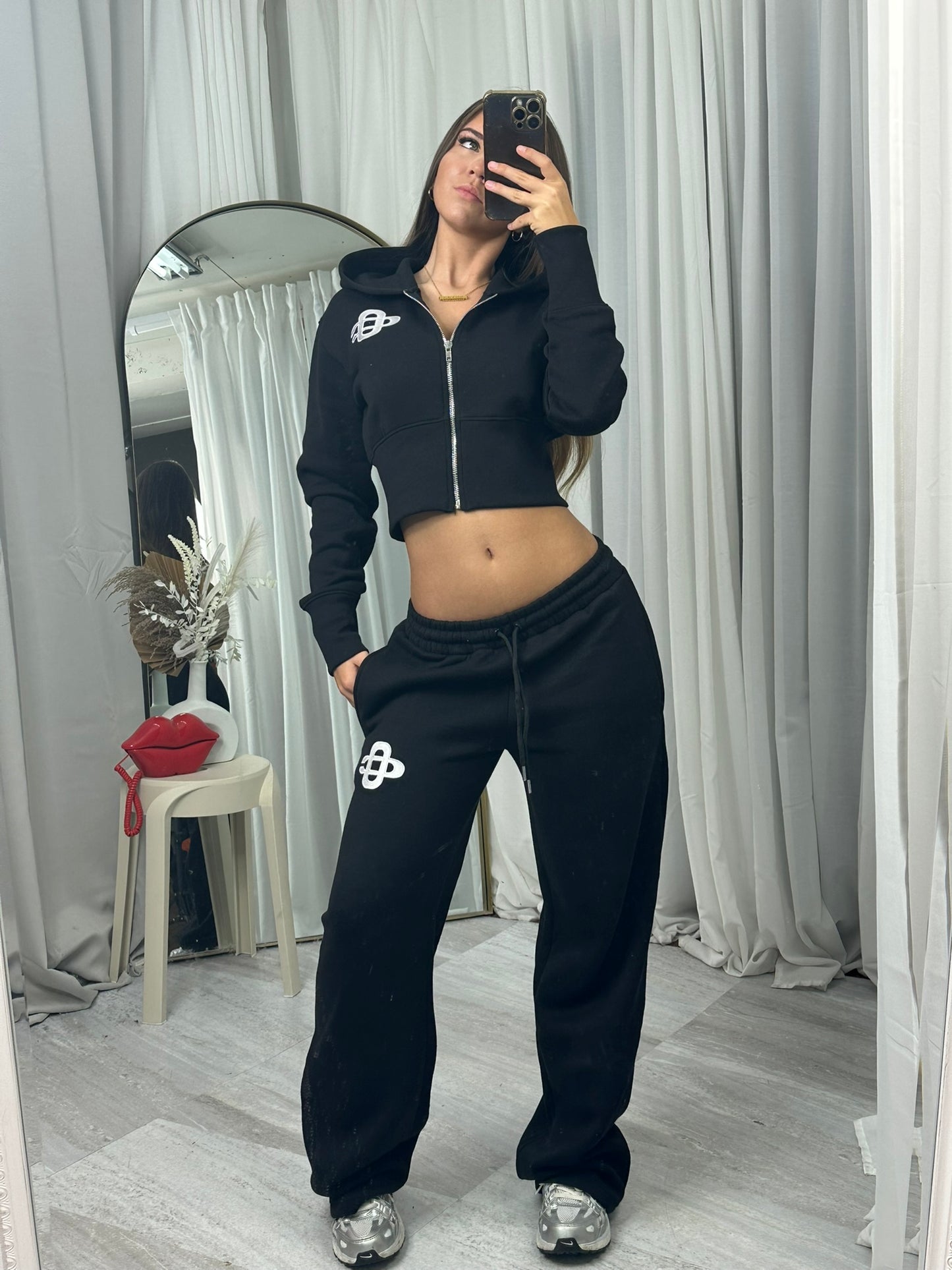 Hooded crop top and wide leg bottoms tracksuit set