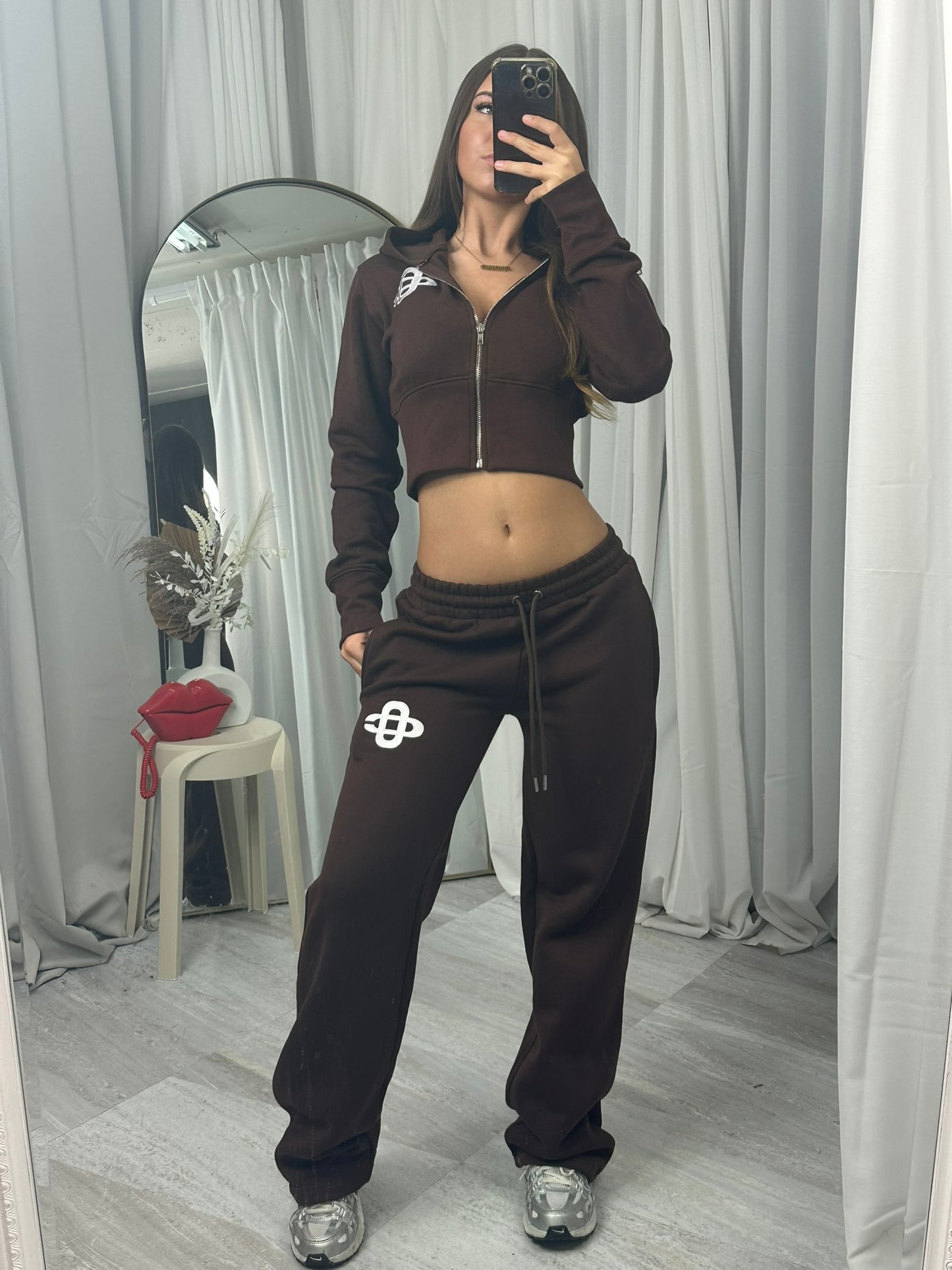 Hooded crop top and wide leg bottoms tracksuit set