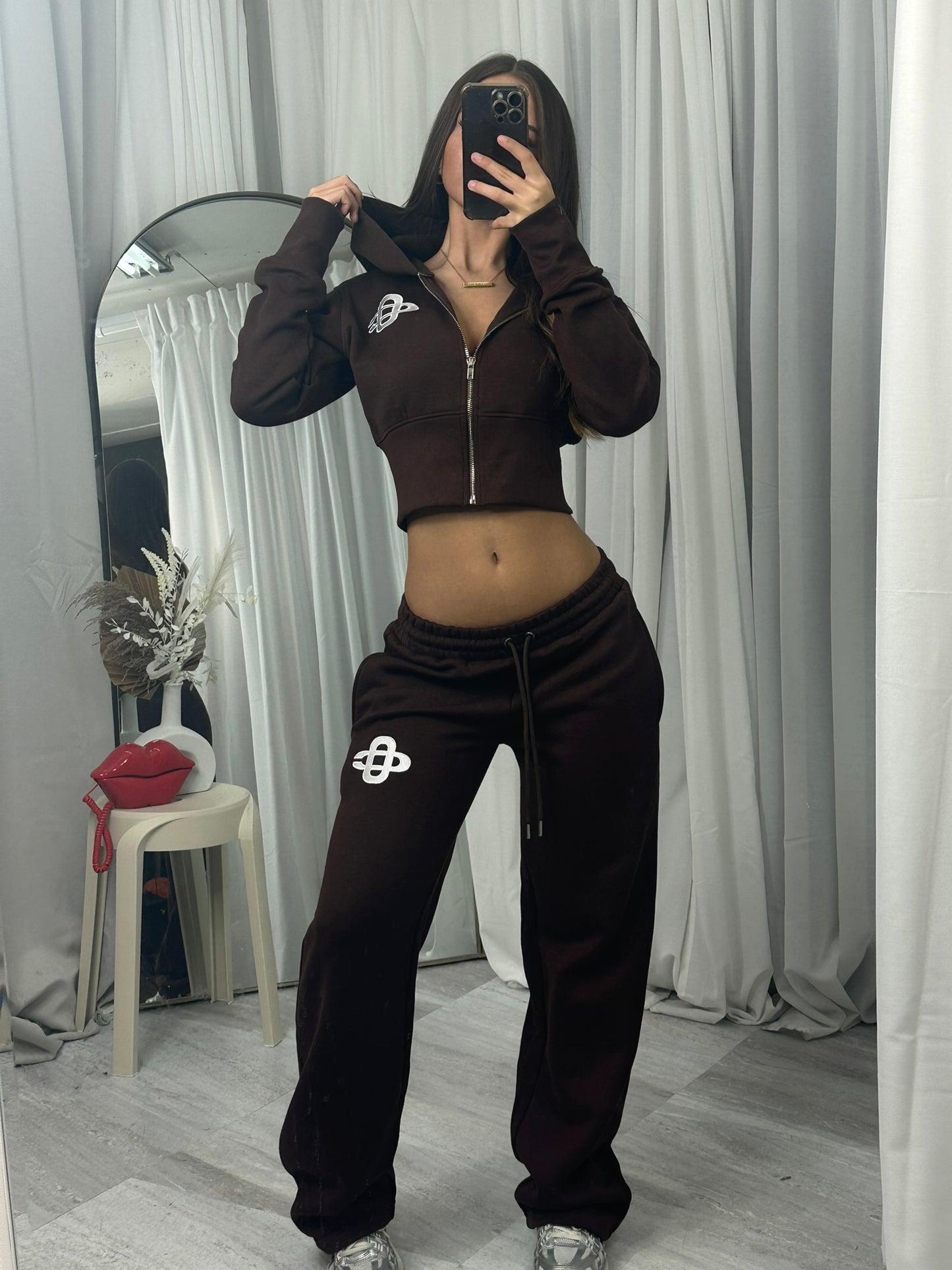 Hooded crop top and wide leg bottoms tracksuit set