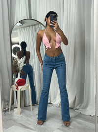 low rise flared stretchy blue denim jeans