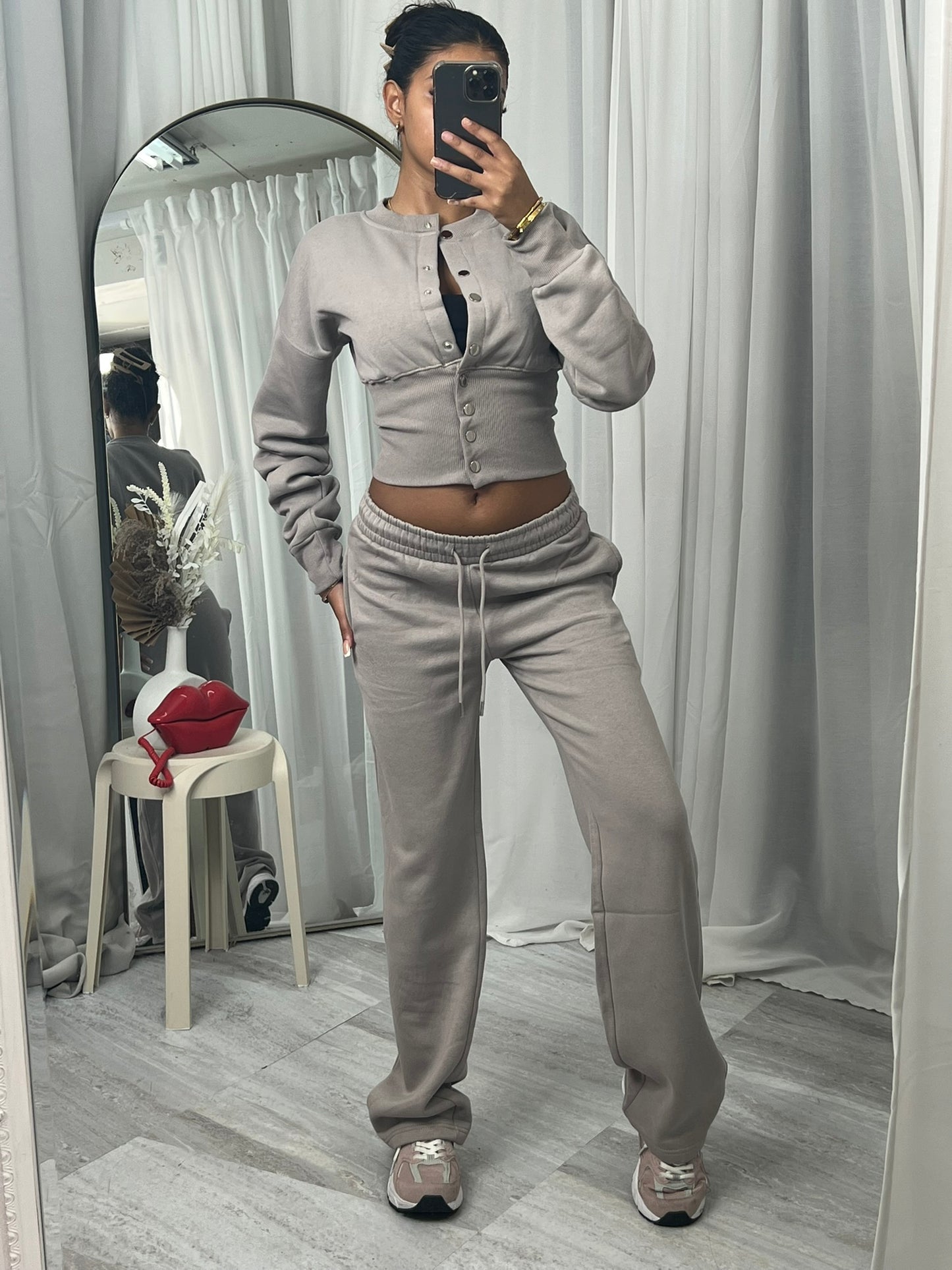 Bonnie long sleeve button detail top and wide leg joggers