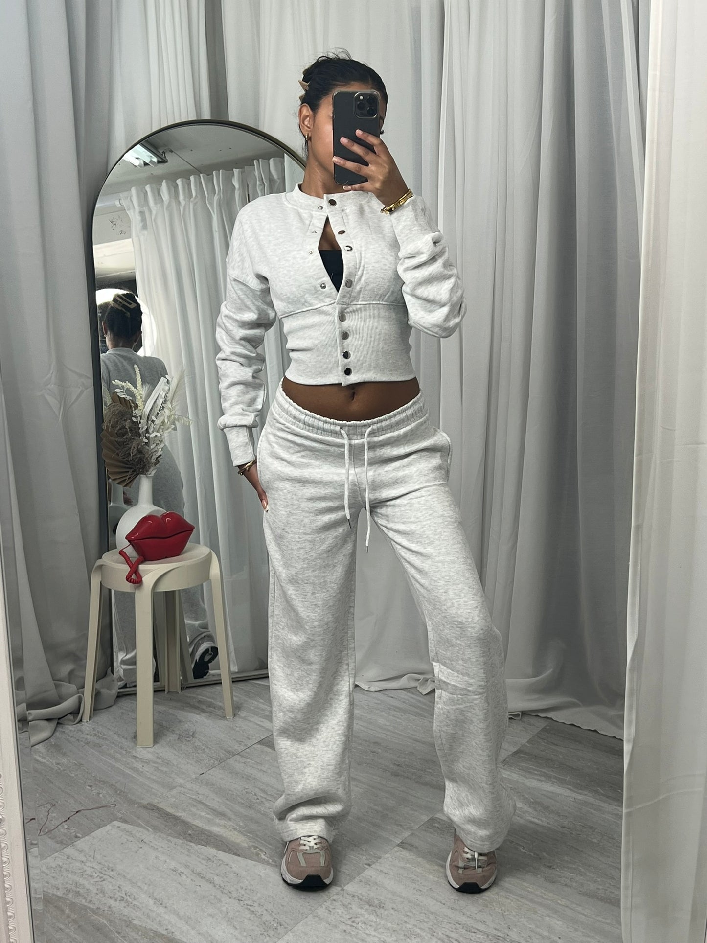 Bonnie long sleeve button detail top and wide leg joggers