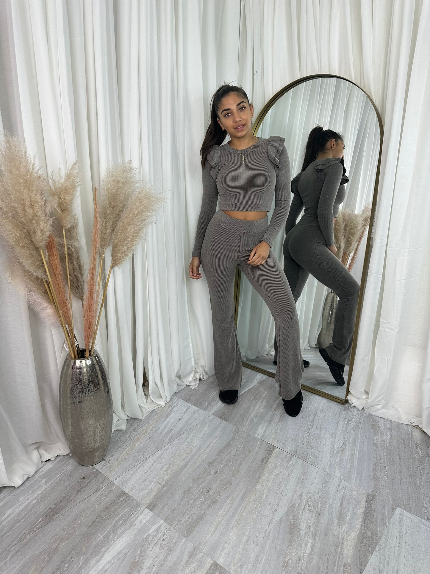 Frilled shoulder wide leg bottoms lounge wear