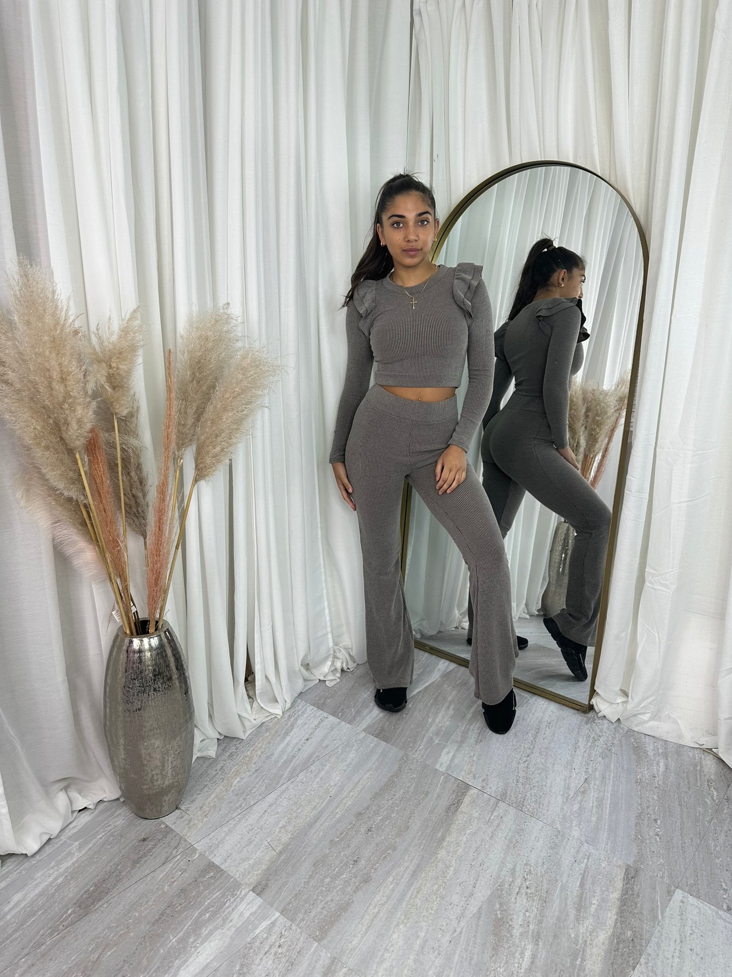 Frilled shoulder wide leg bottoms lounge wear