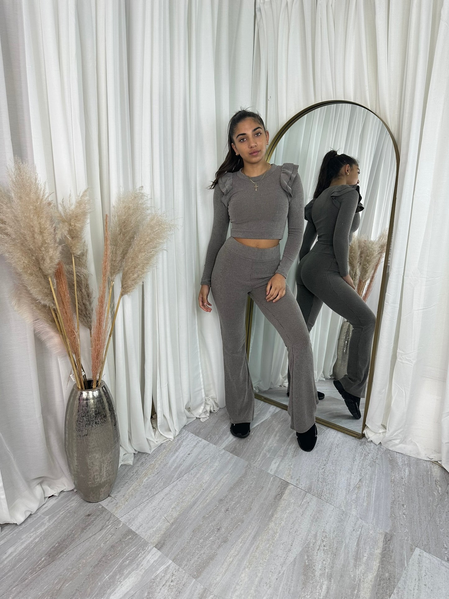 Frilled shoulder wide leg bottoms lounge wear