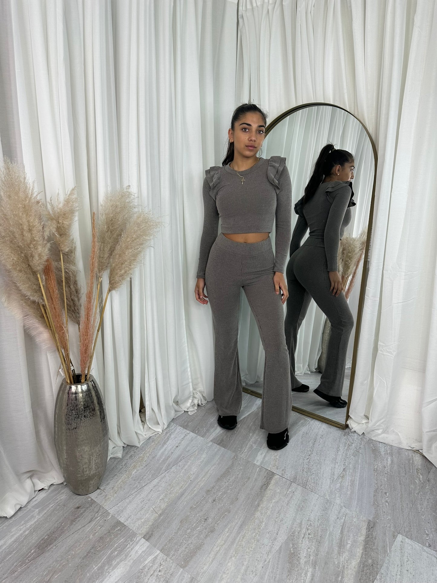 Frilled shoulder wide leg bottoms lounge wear