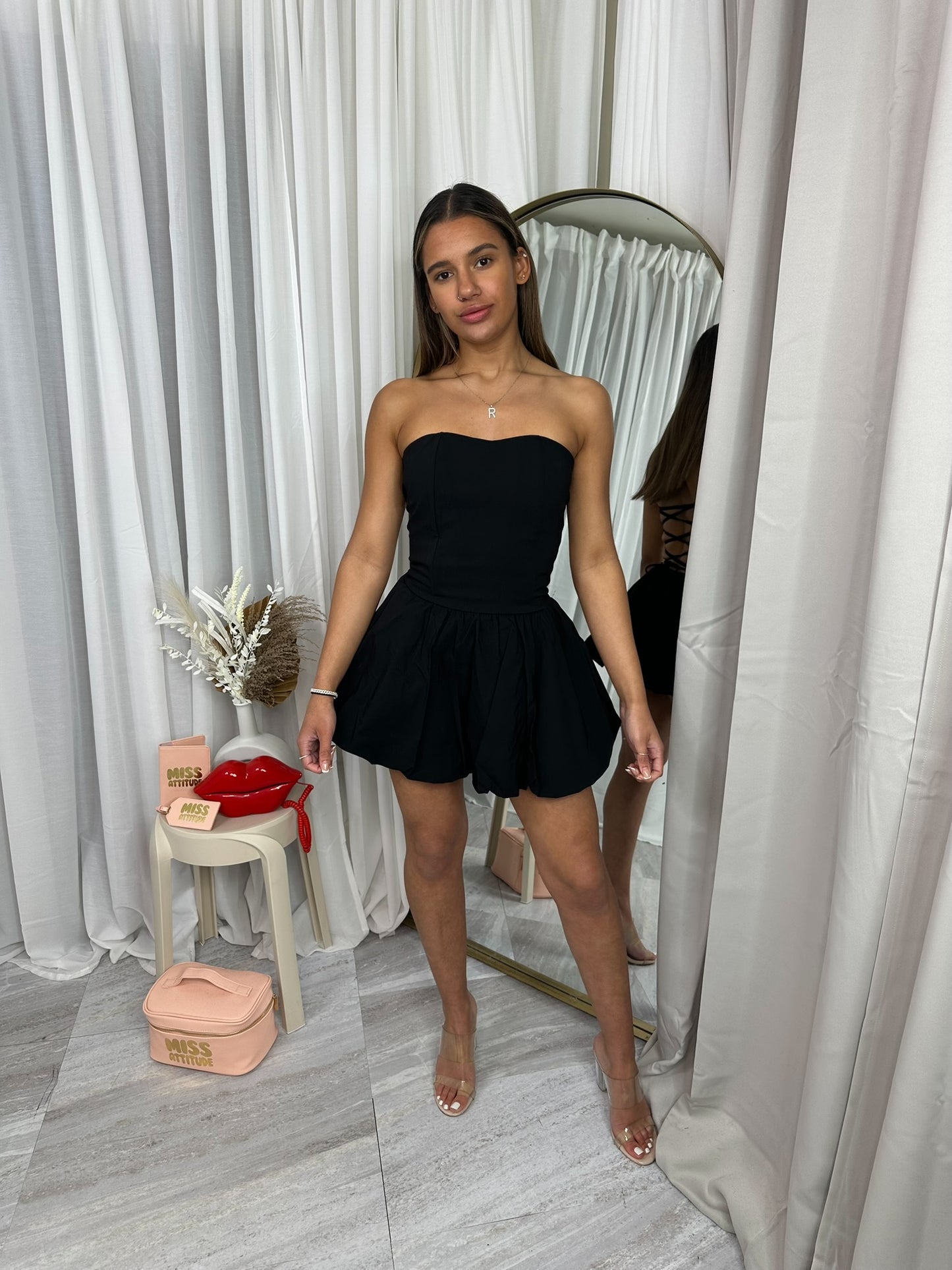 Corset strapless lace up backless puffball dress