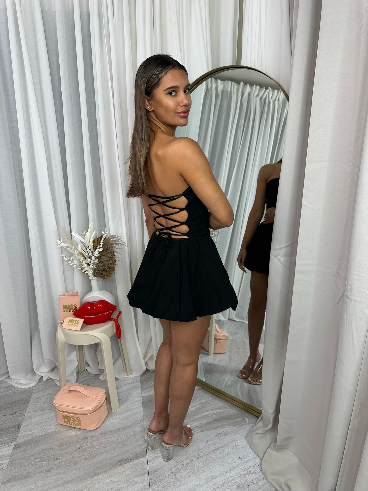 Corset strapless lace up backless puffball dress