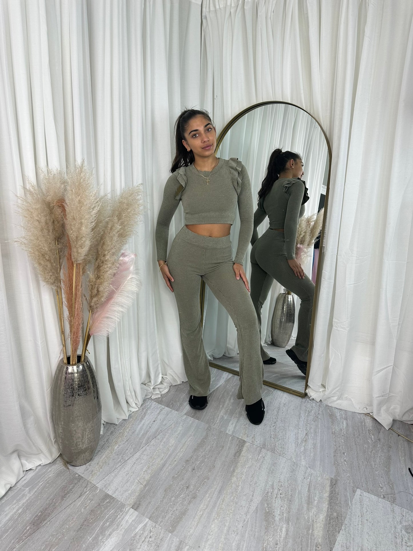 Frilled shoulder wide leg bottoms lounge wear