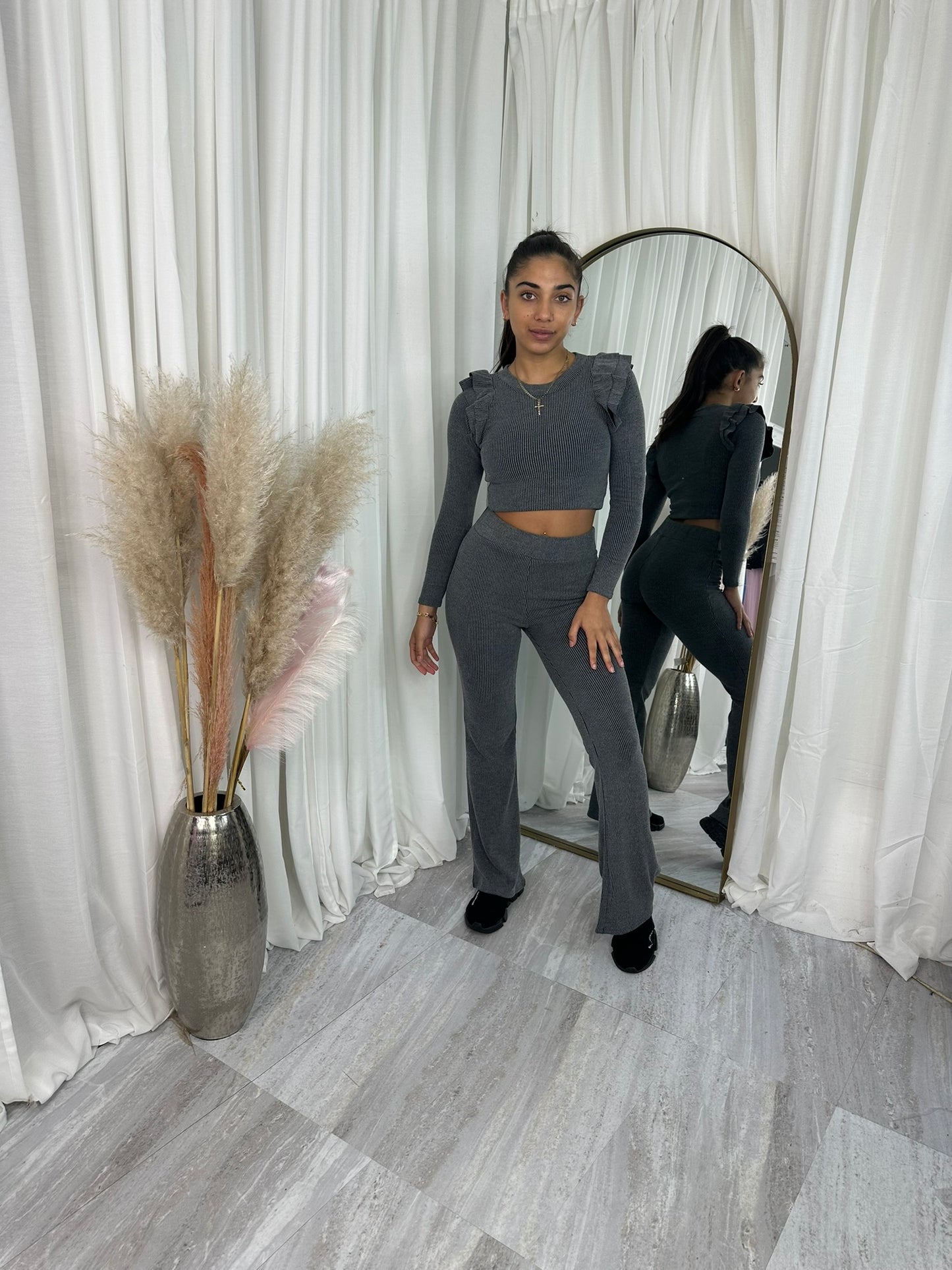 Frilled shoulder wide leg bottoms lounge wear