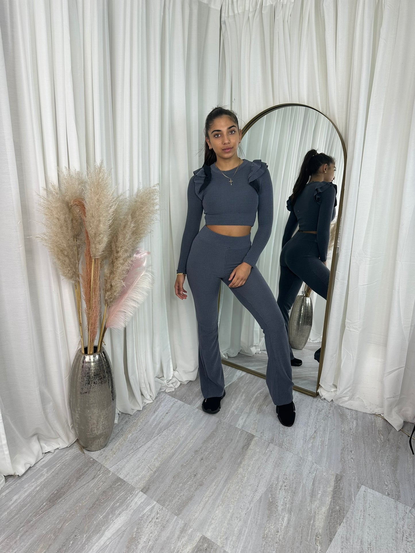 Frilled shoulder wide leg bottoms lounge wear