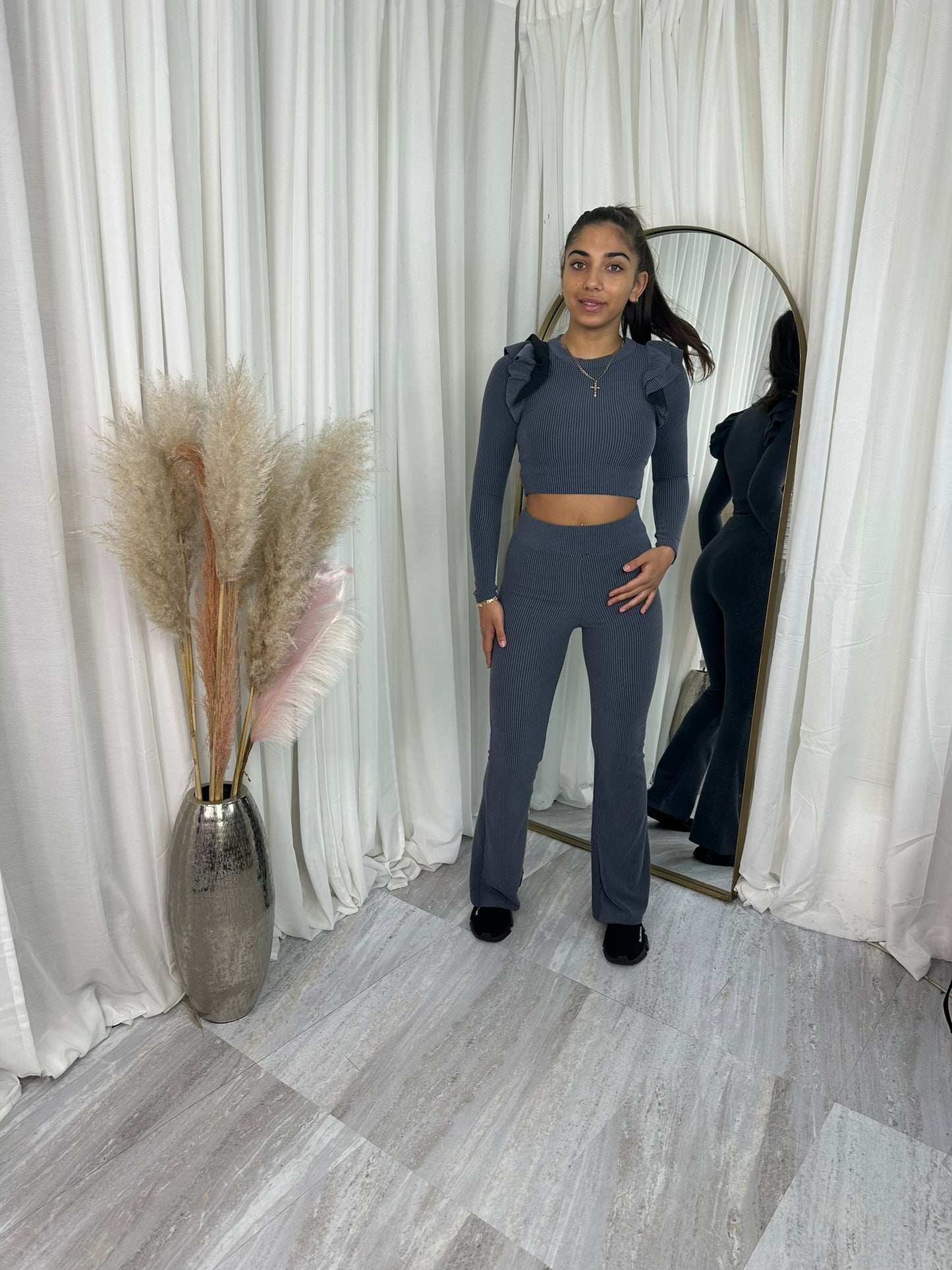 Frilled shoulder wide leg bottoms lounge wear