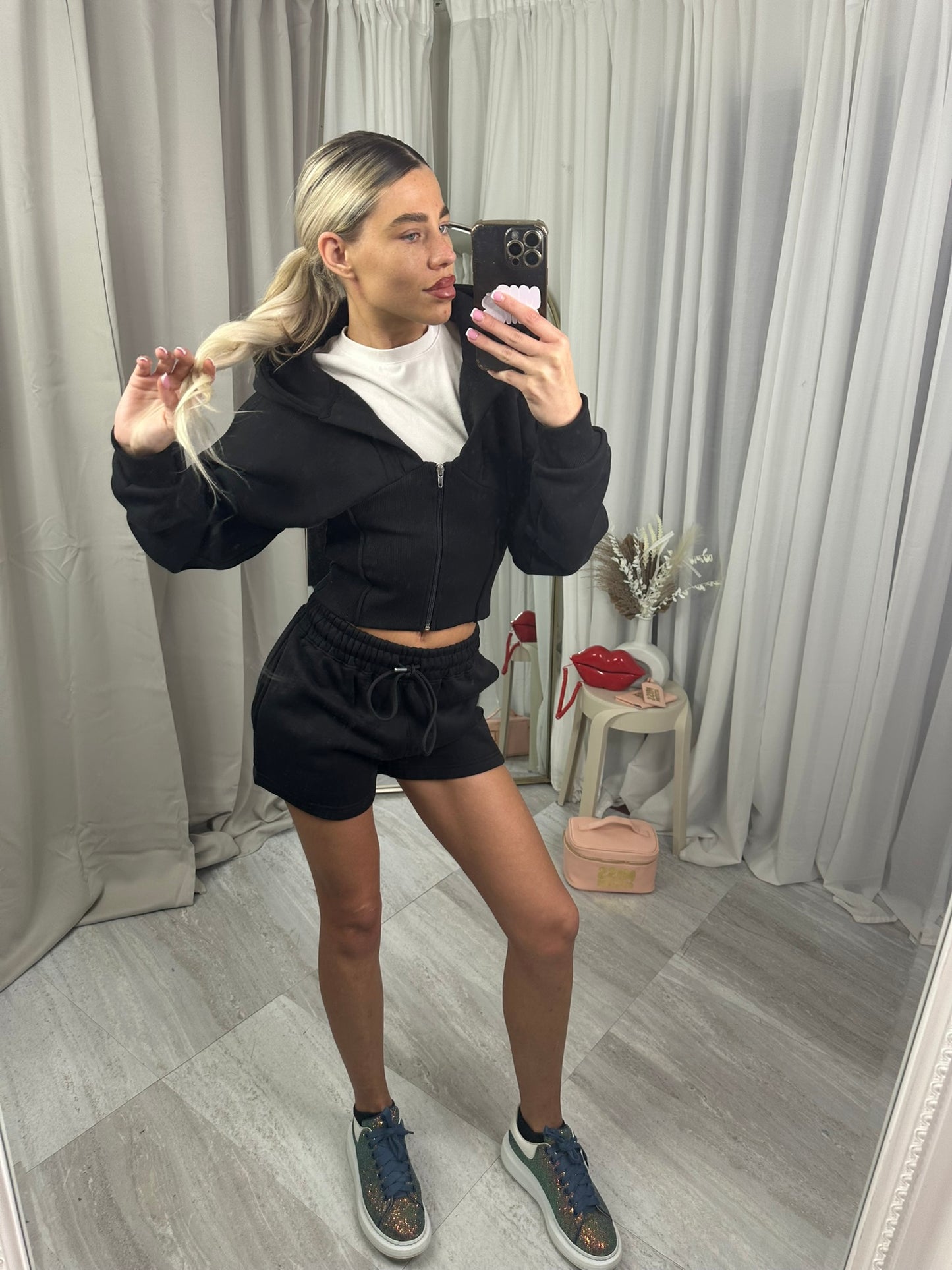 Cropped fleeced hooded top zip up waist compression short set