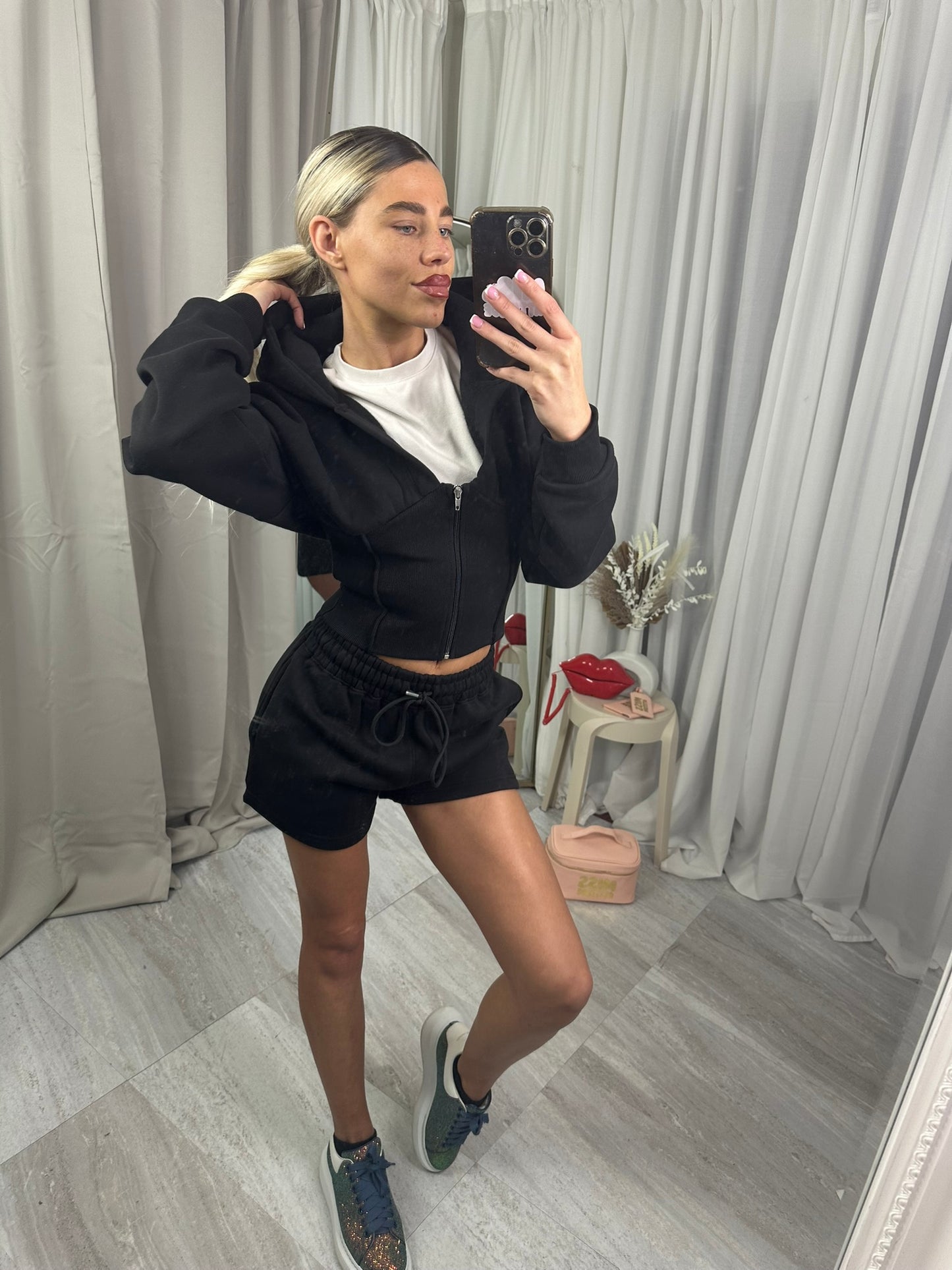 Cropped fleeced hooded top zip up waist compression short set