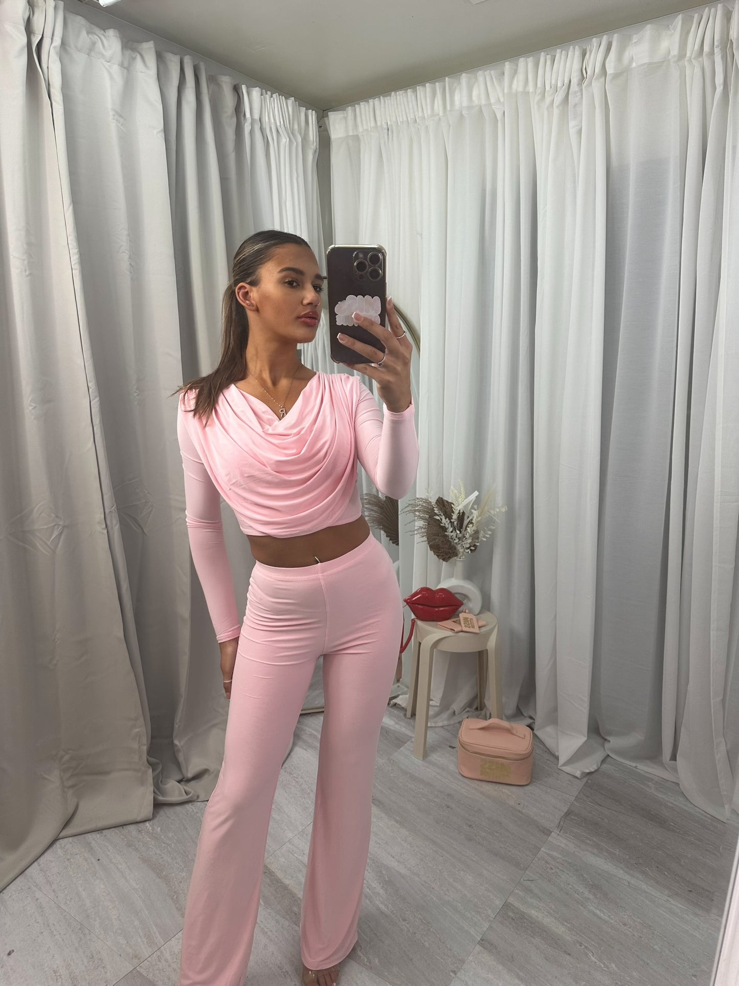 Long sleeved cowl top with flared bottoms lounge wear set