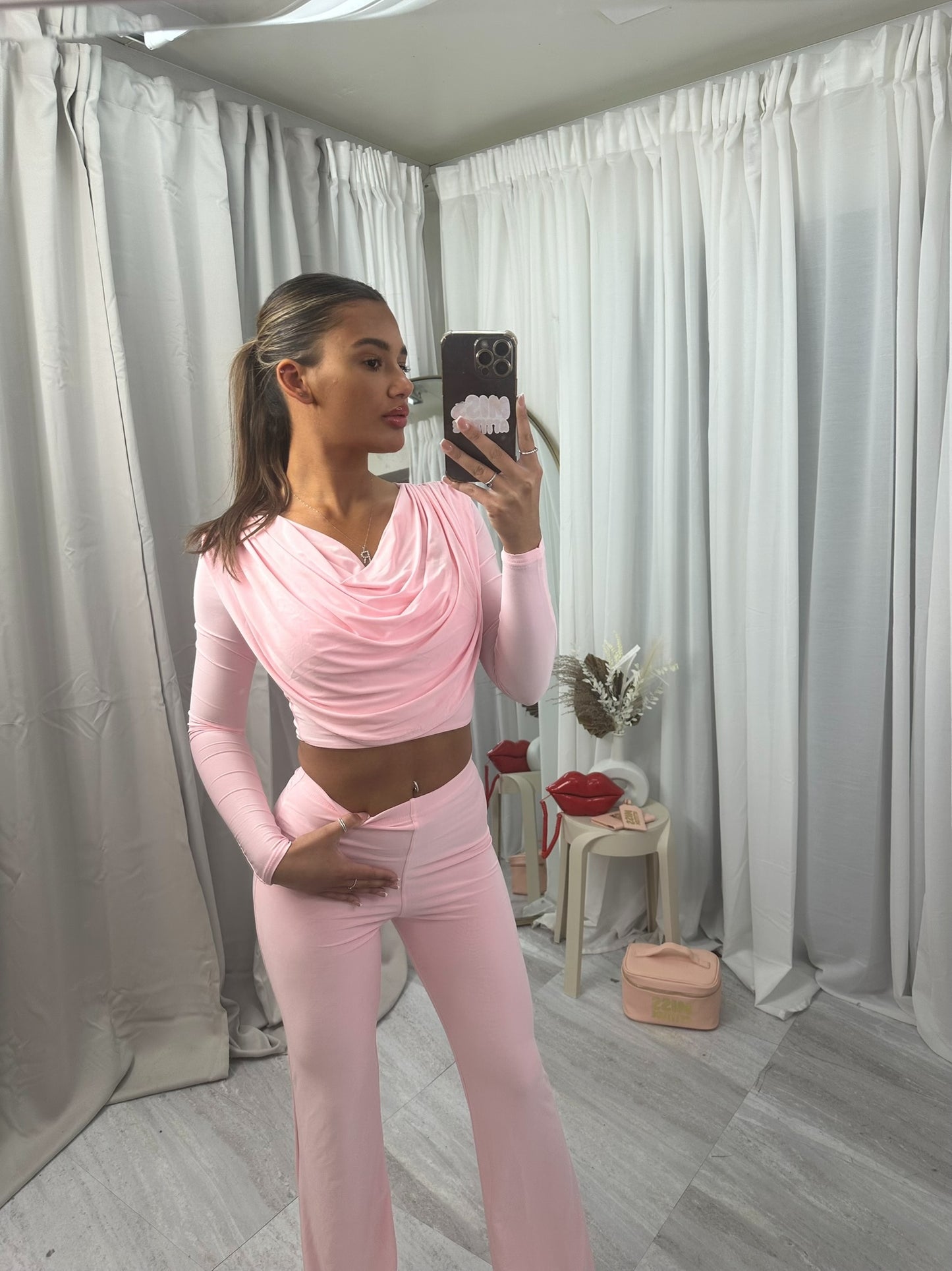 Long sleeved cowl top with flared bottoms lounge wear set