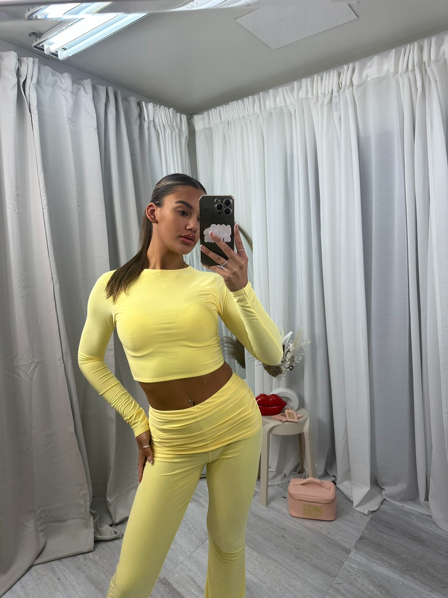 Long sleeved crop top and ruched waist flared bottoms lounge wear set 3035