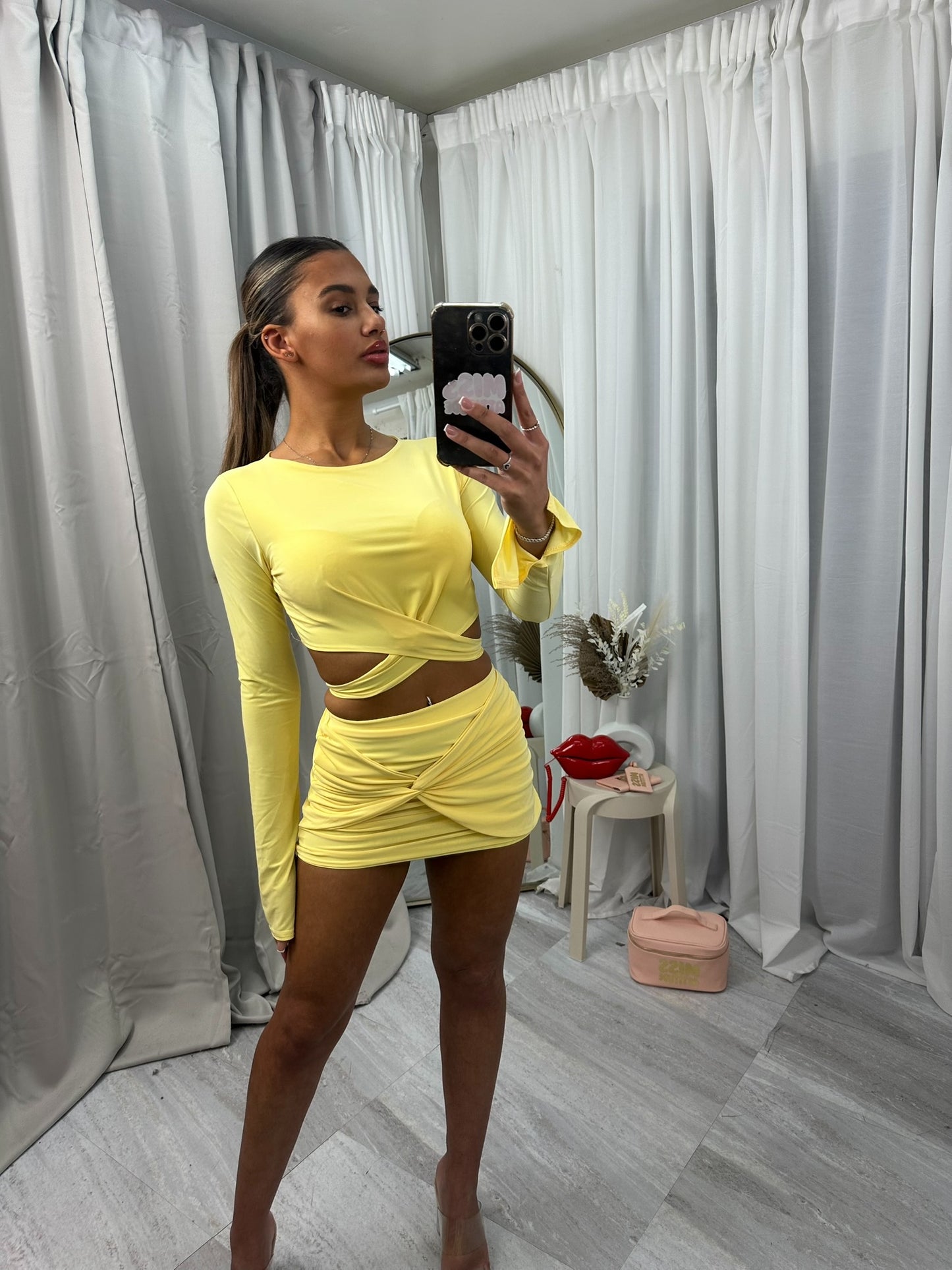 Long sleeved tie back crop top and mini skirt set 2036