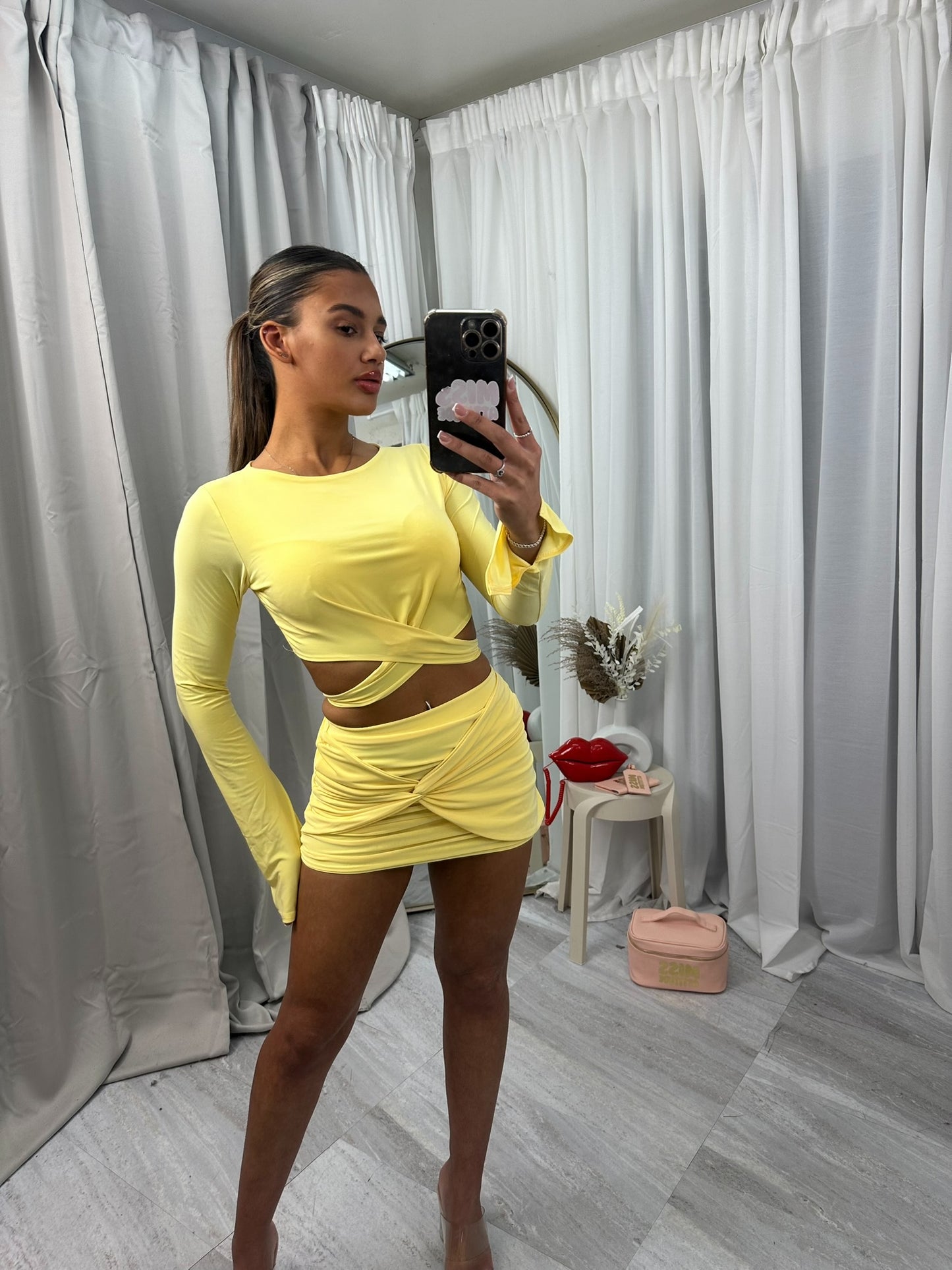Long sleeved tie back crop top and mini skirt set 2036