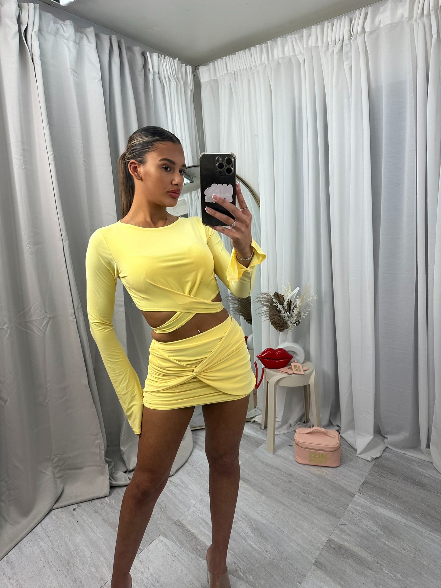 Long sleeved tie back crop top and mini skirt set 2036