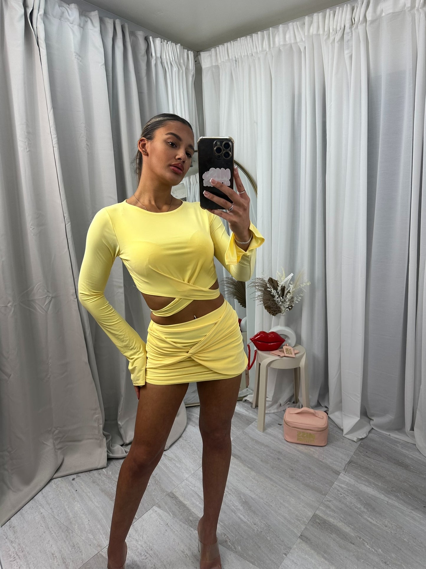 Long sleeved tie back crop top and mini skirt set 2036