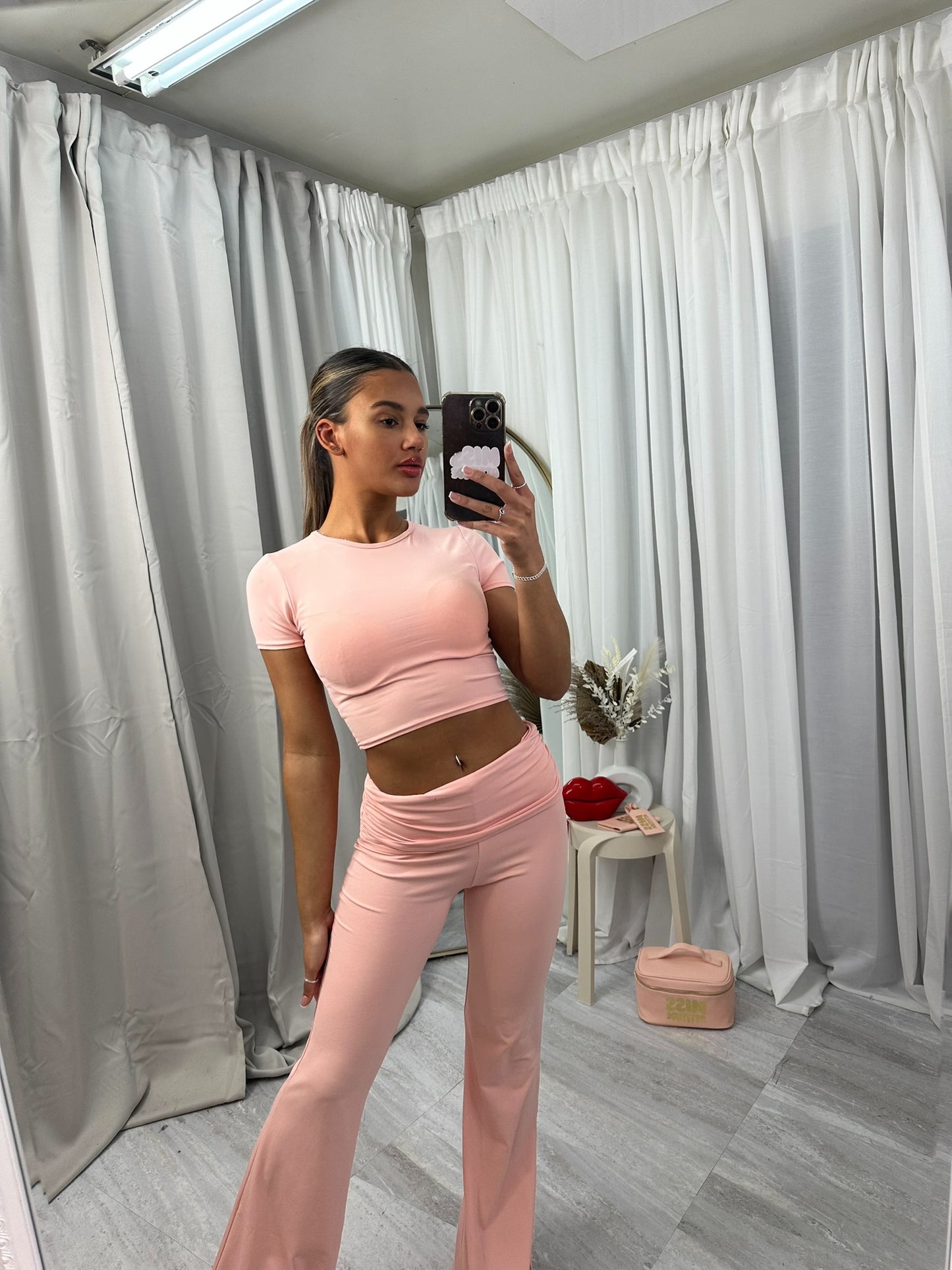 Ruched waist with short sleeve crop top and flared bottoms loungewear