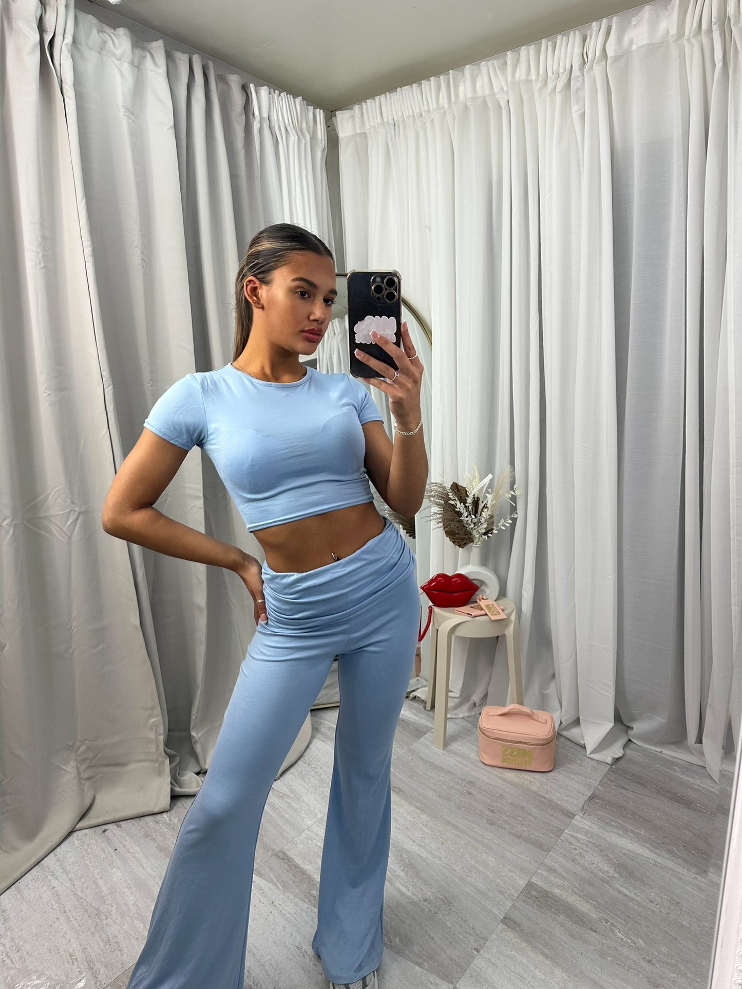 Ruched waist with short sleeve crop top and flared bottoms loungewear