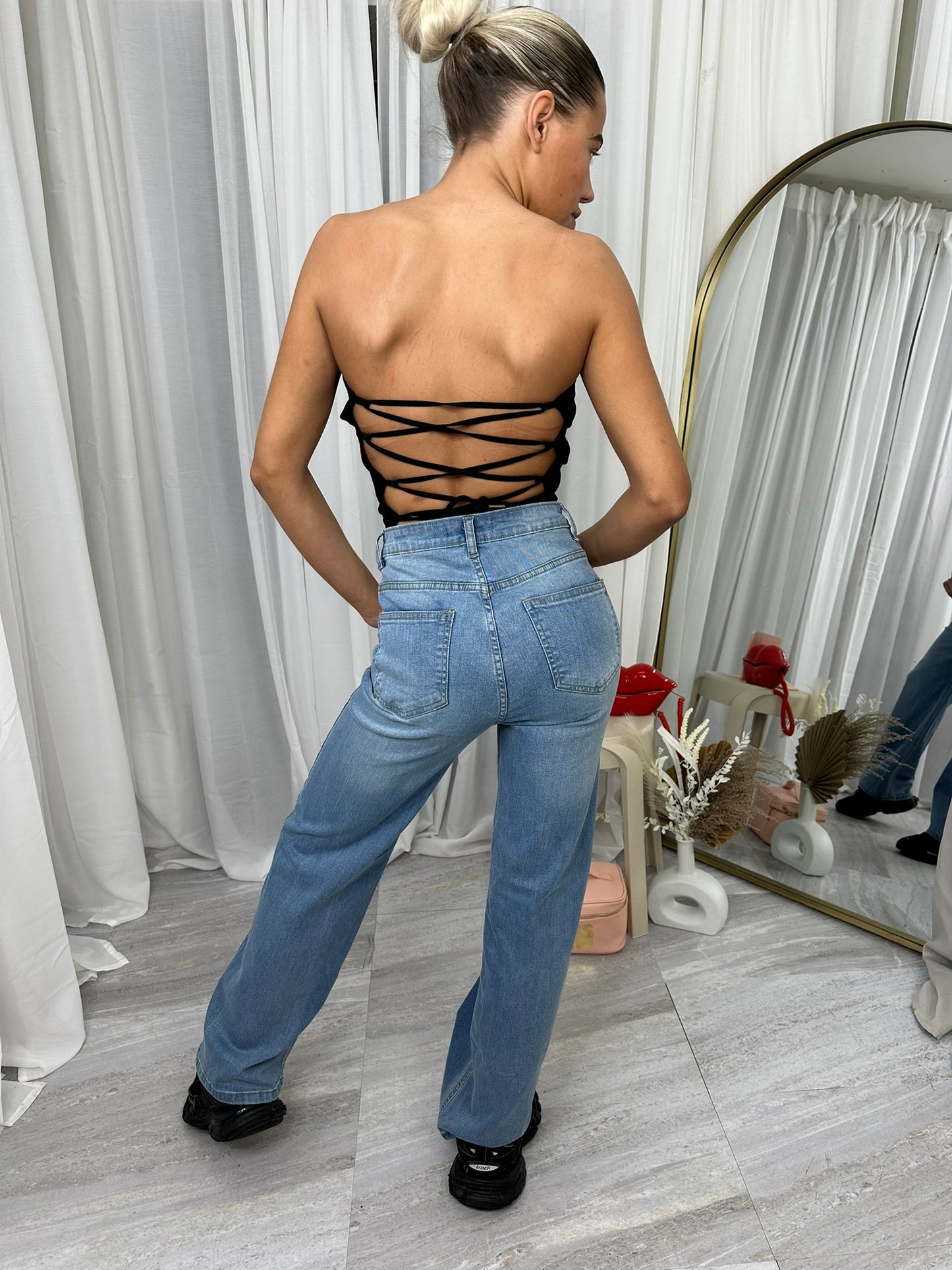 Straight leg dipped button viral denim blue jeans