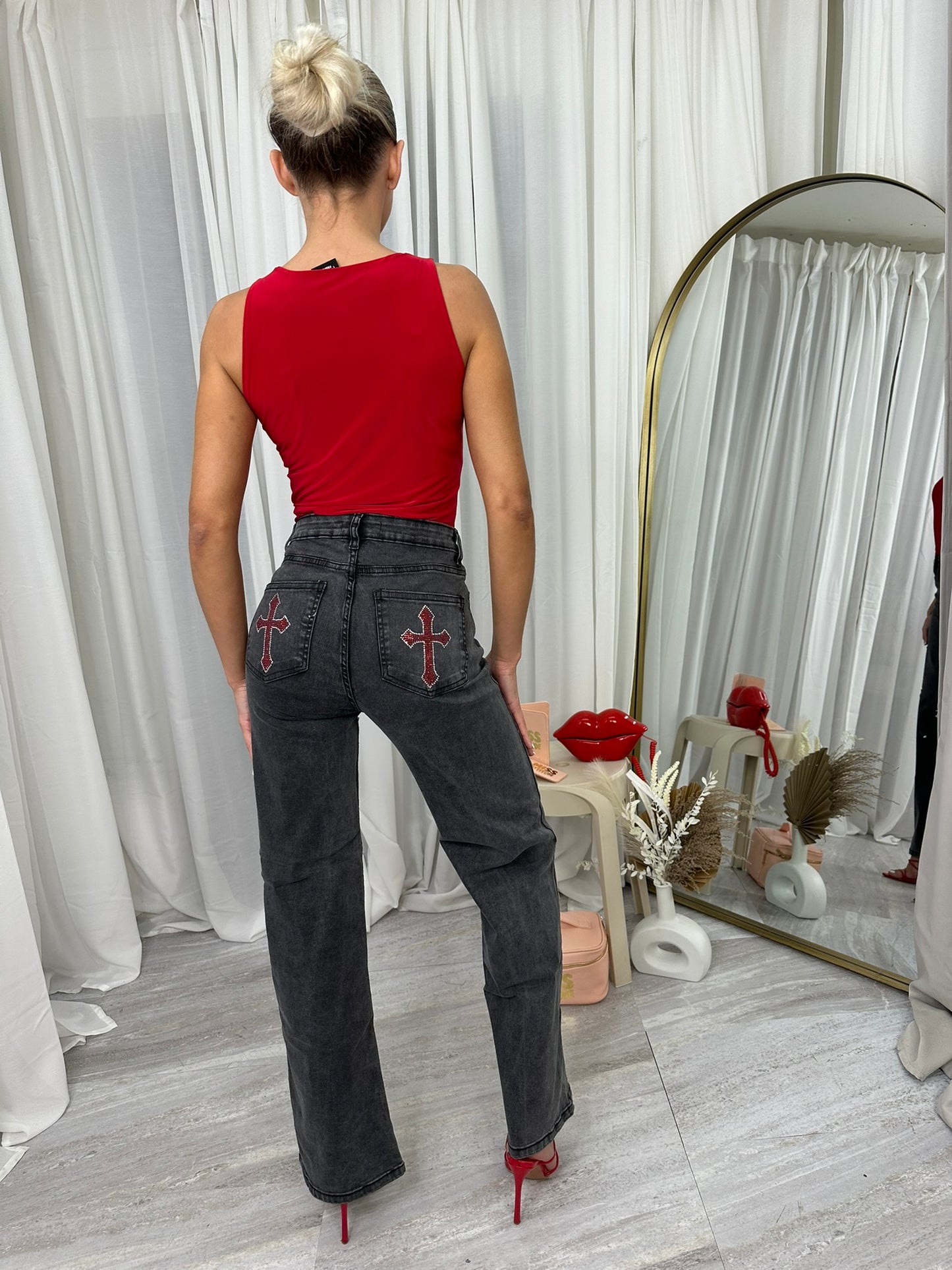 Straigh leg diamante cross pocket detail high waist denim jeans