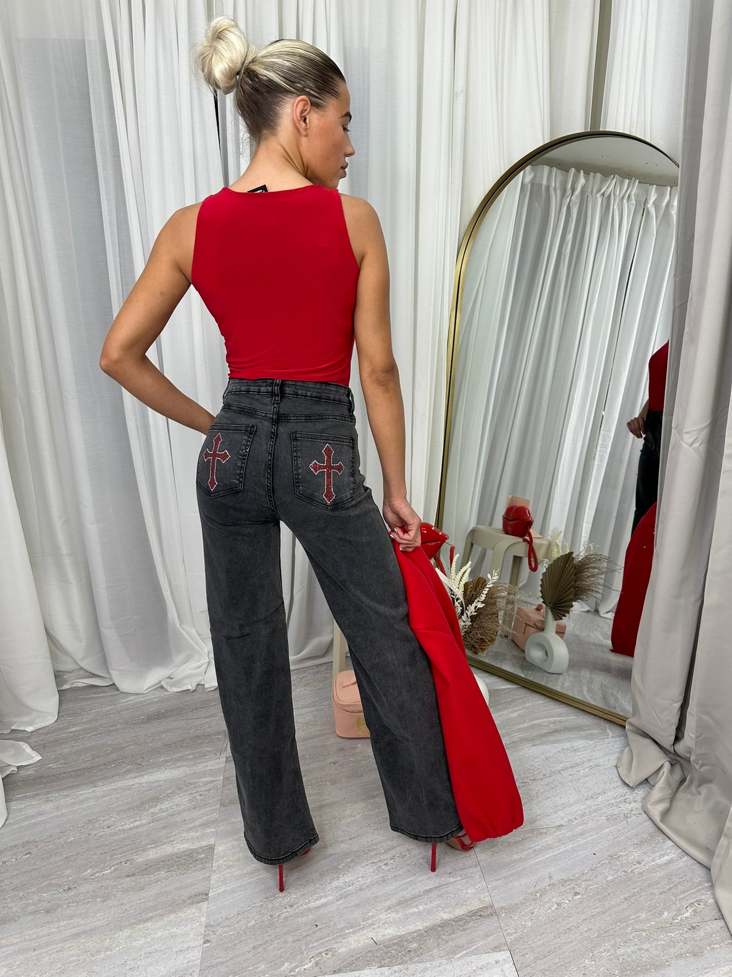 Straigh leg diamante cross pocket detail high waist denim jeans