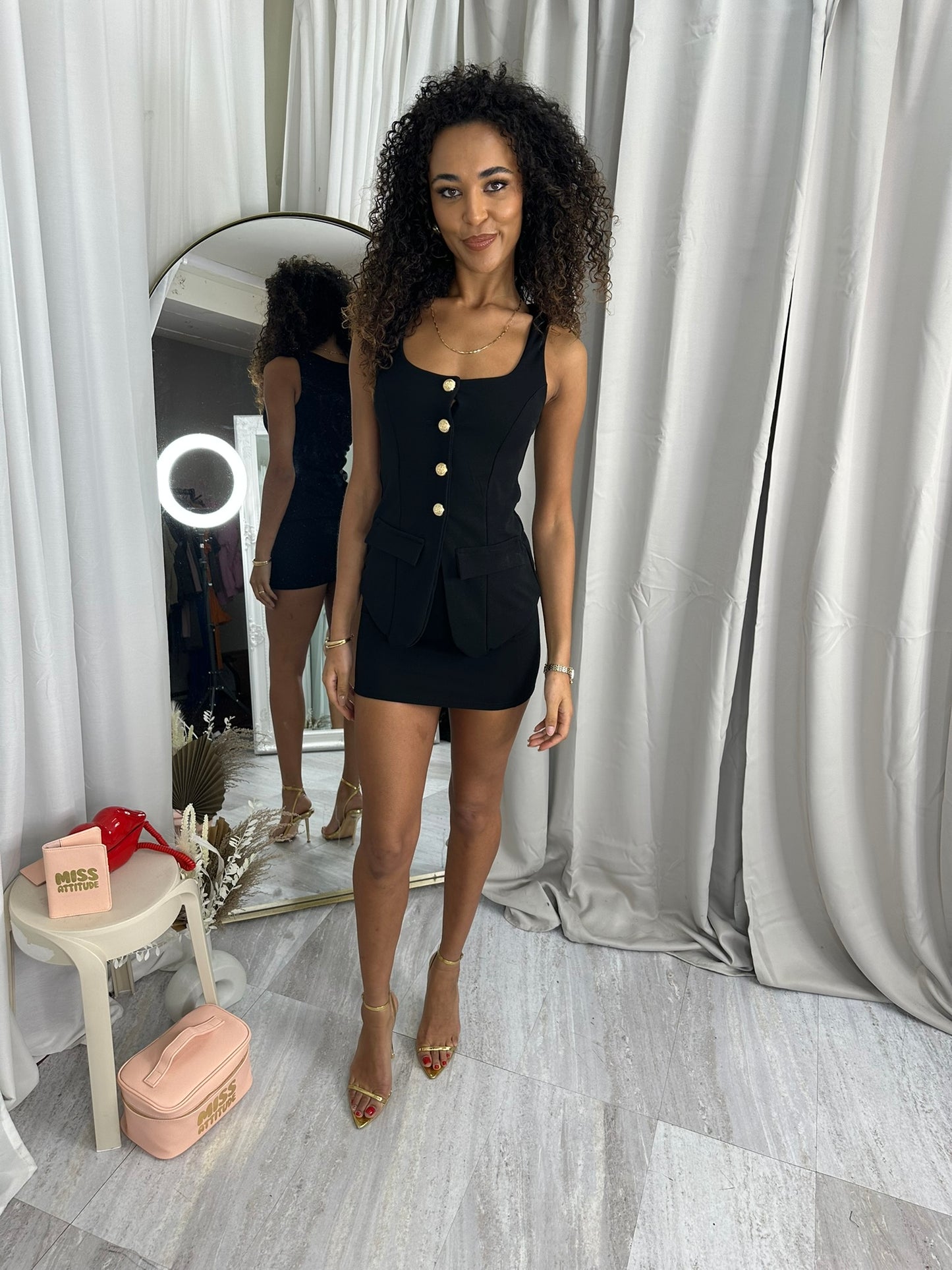 Button Through Waistcoat Top & Mini Skirt Co-ord