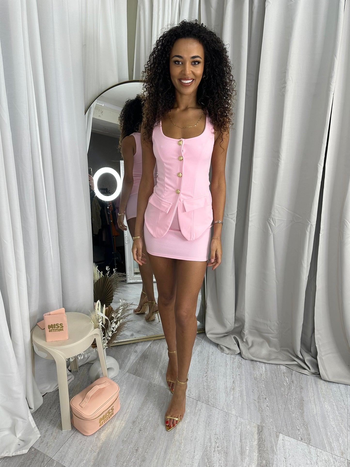 Button Through Waistcoat Top & Mini Skirt Co-ord