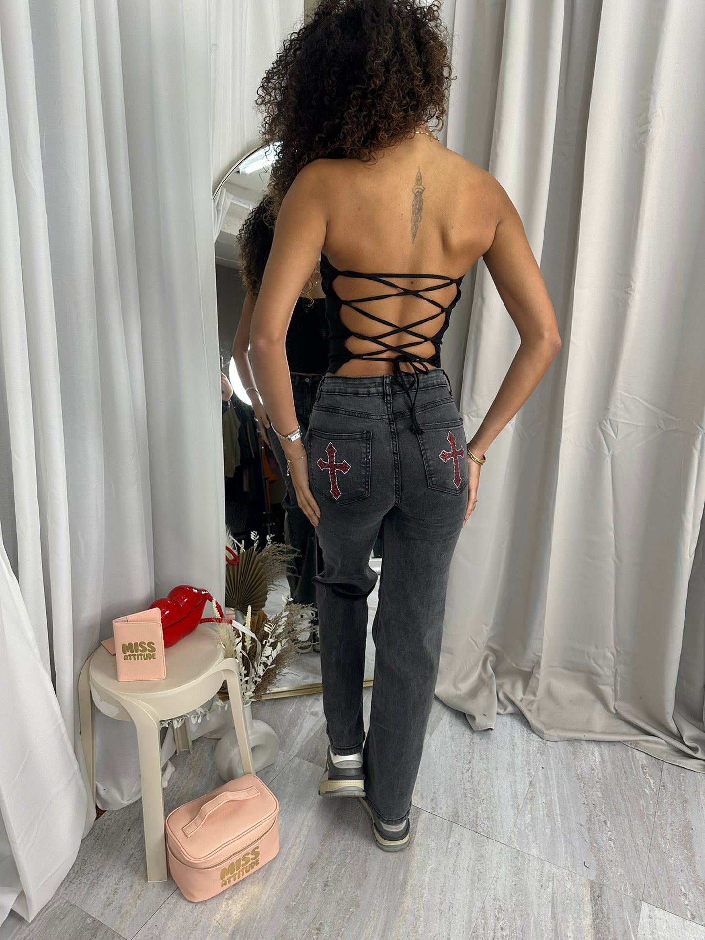 Straigh leg diamante cross pocket detail high waist denim jeans