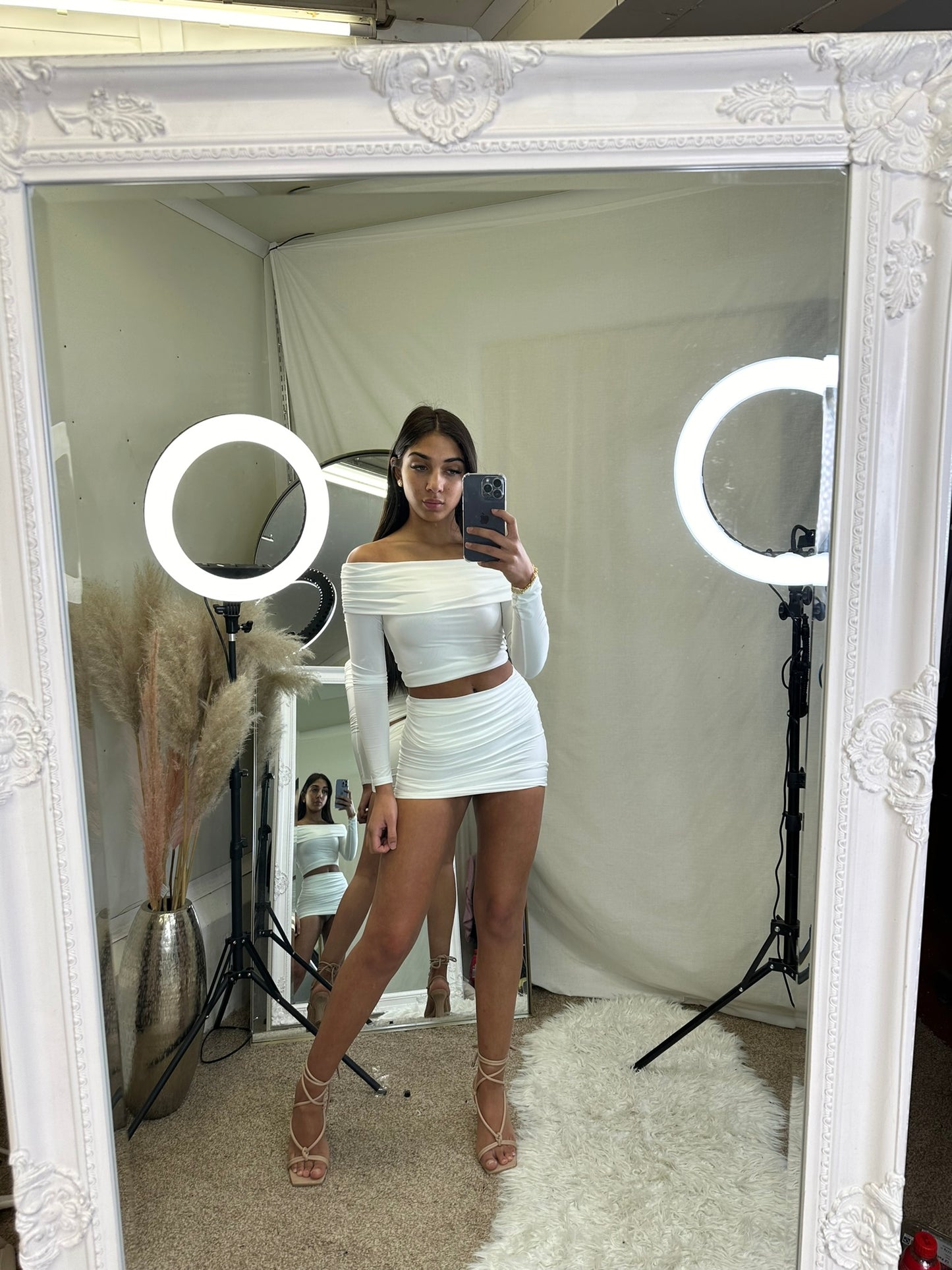 off the shoulder ruched top and skirt co ord