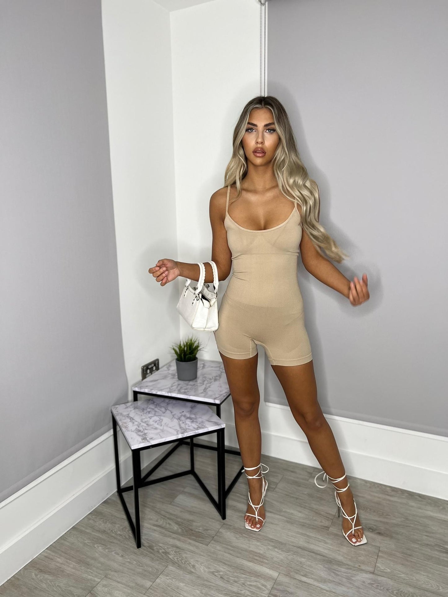 Della unitard ribbed shoe string straps one piece gym lounge wear sets