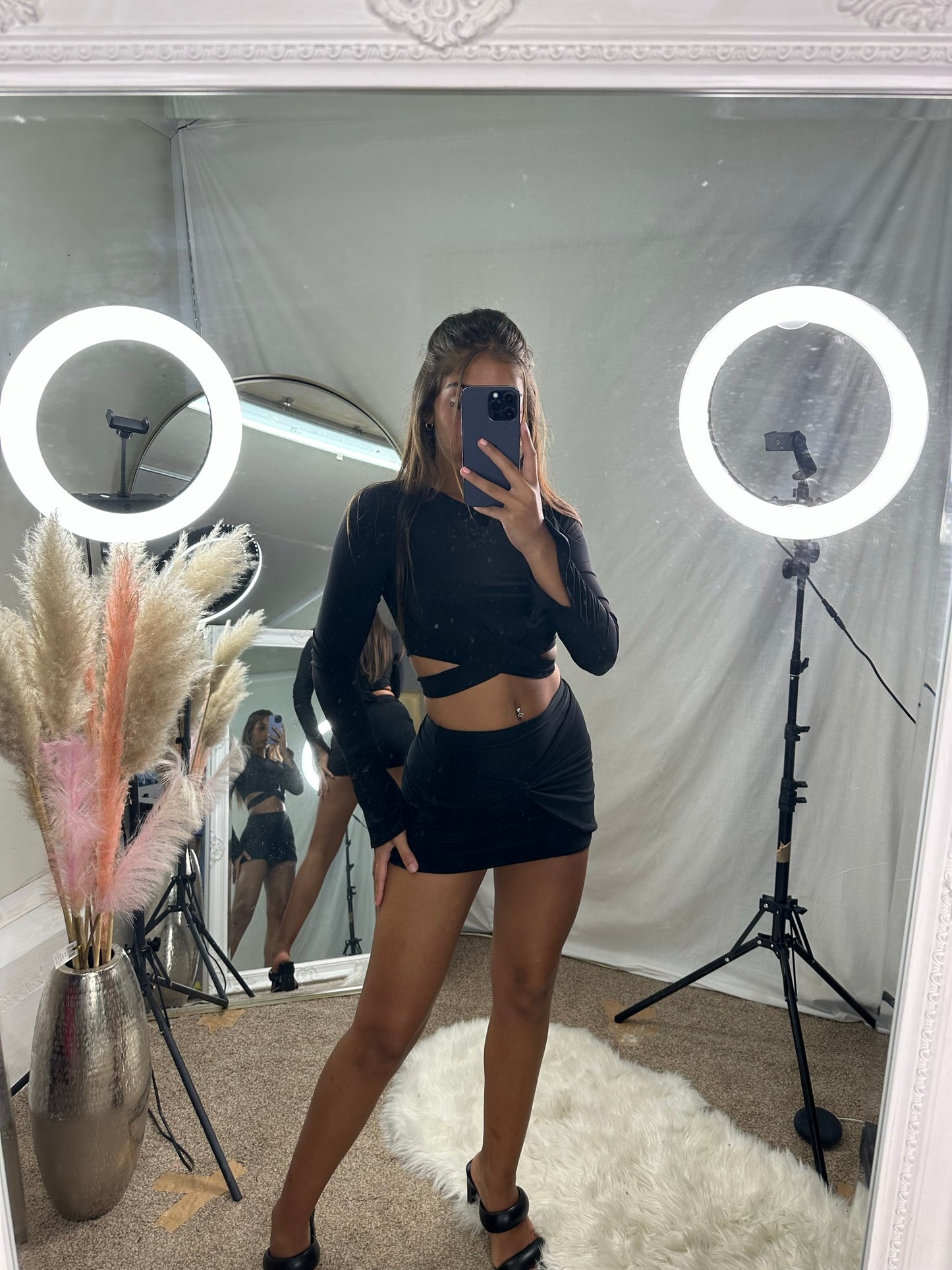Long sleeved tie back crop top and mini skirt set 2036