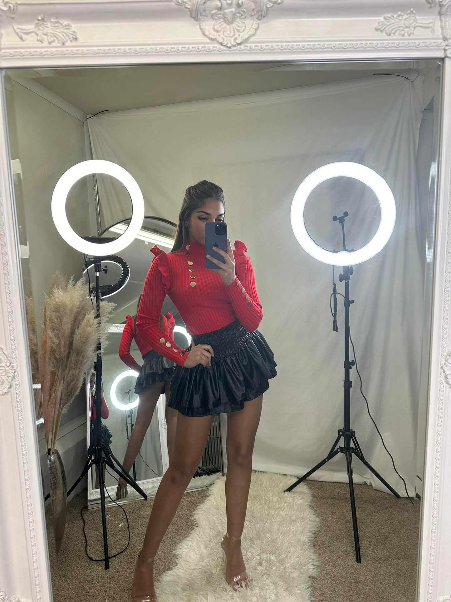 Frilled shoulder buttoned sleeved ribbed top