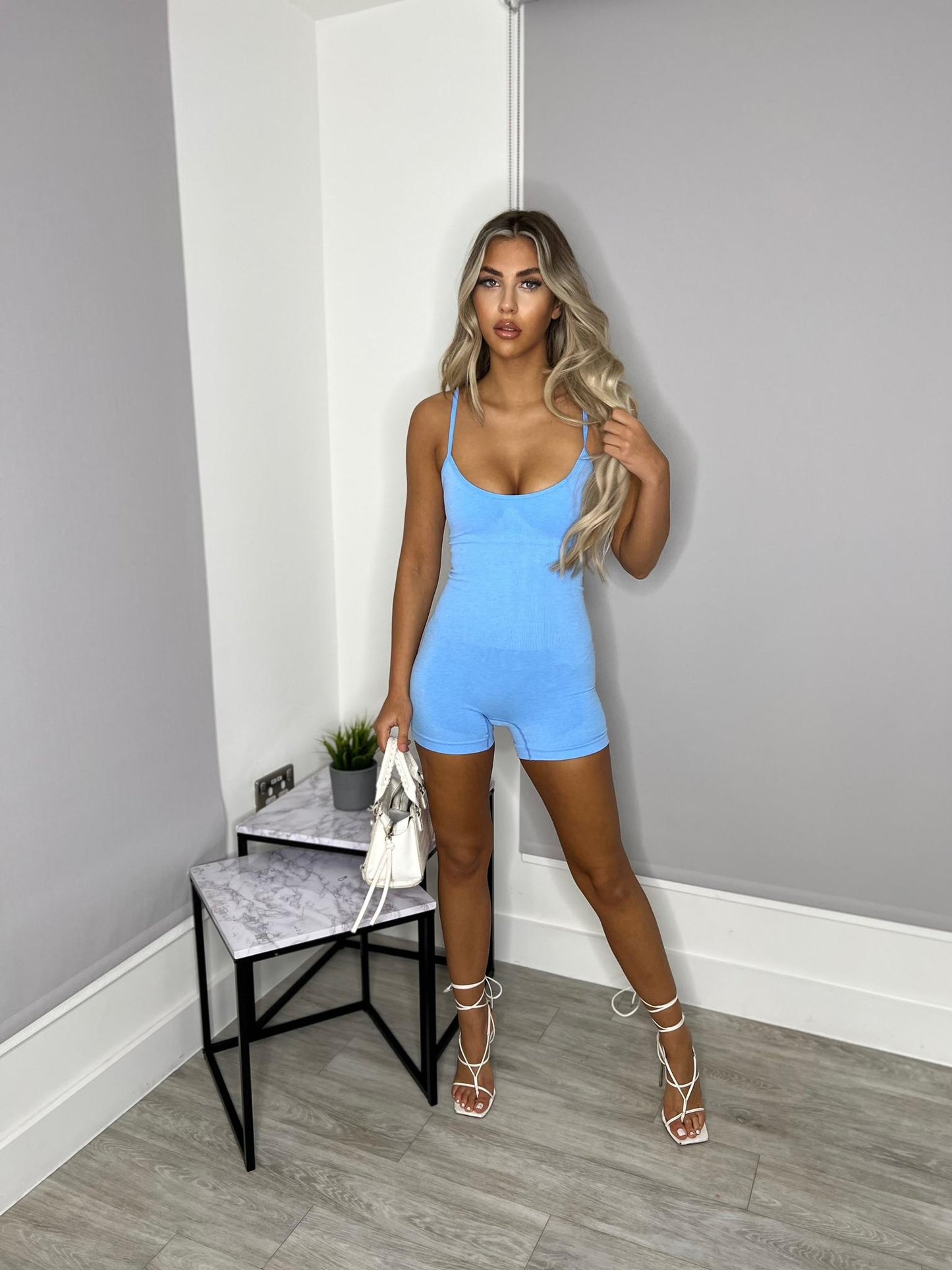 Della unitard ribbed shoe string straps one piece gym lounge wear sets