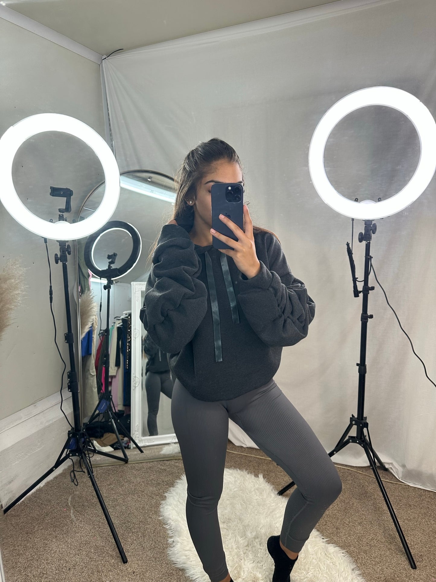 Riley ruche sleeve hoodie with ribbon drawstring