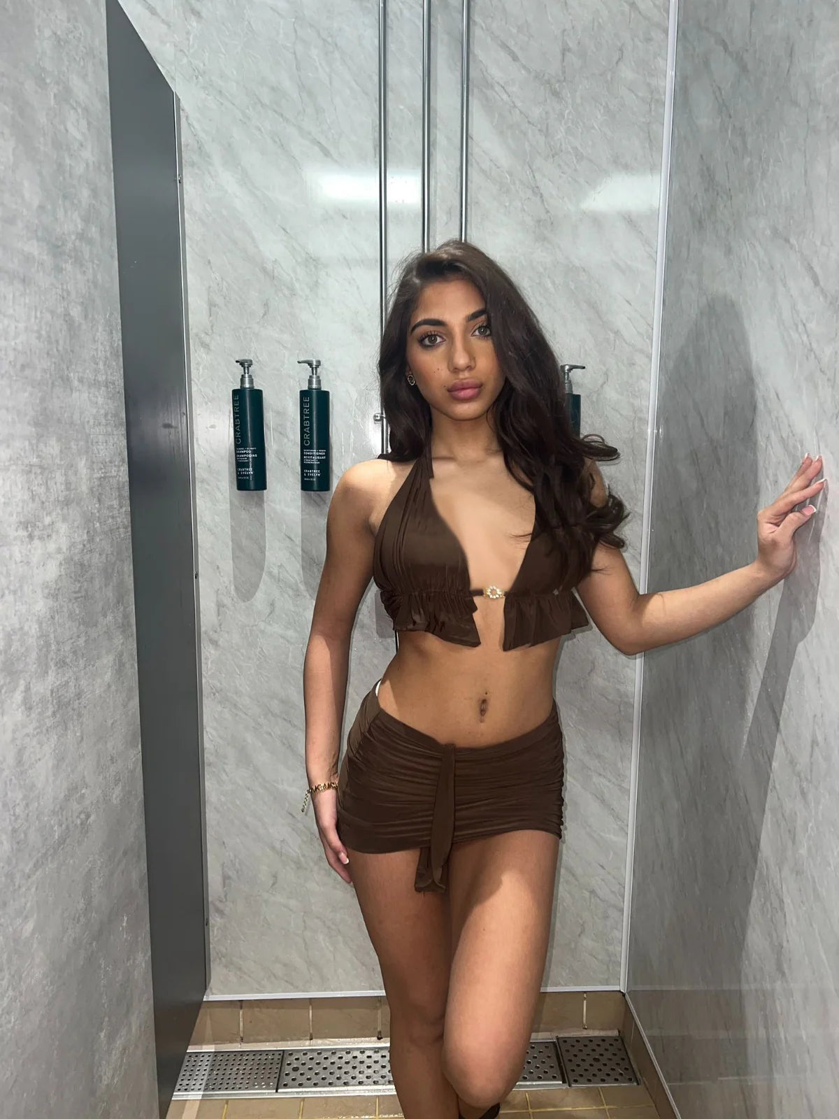 Frill bikini chain top with ruched tie mini skirt 3050