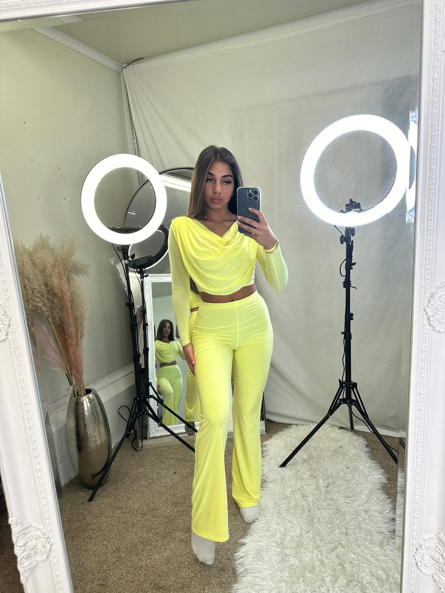 Long sleeved cowl top with flared bottoms lounge wear set