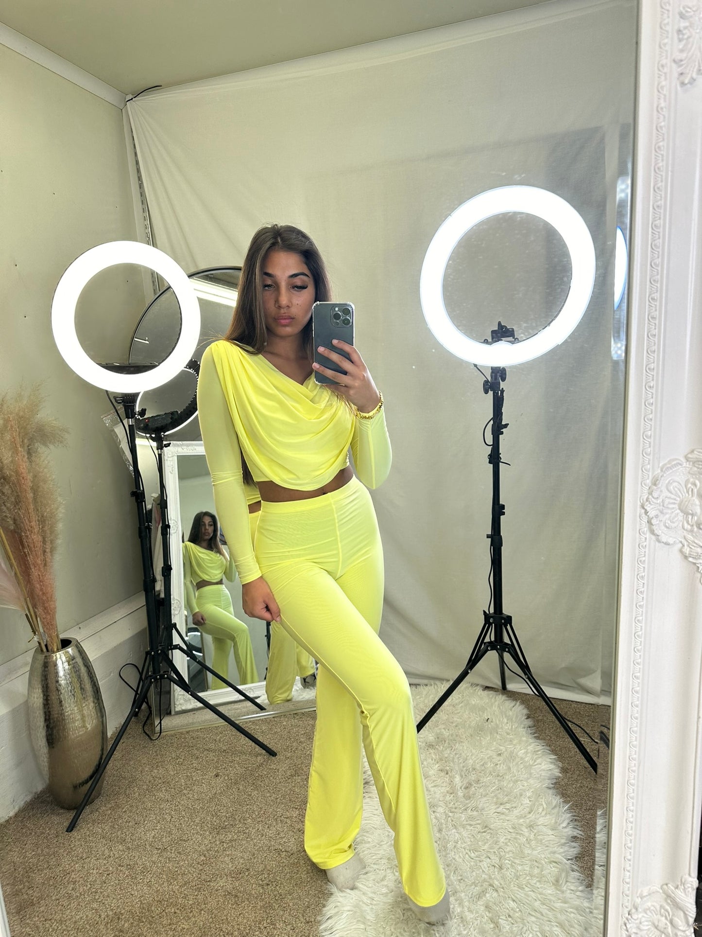 Long sleeved cowl top with flared bottoms lounge wear set