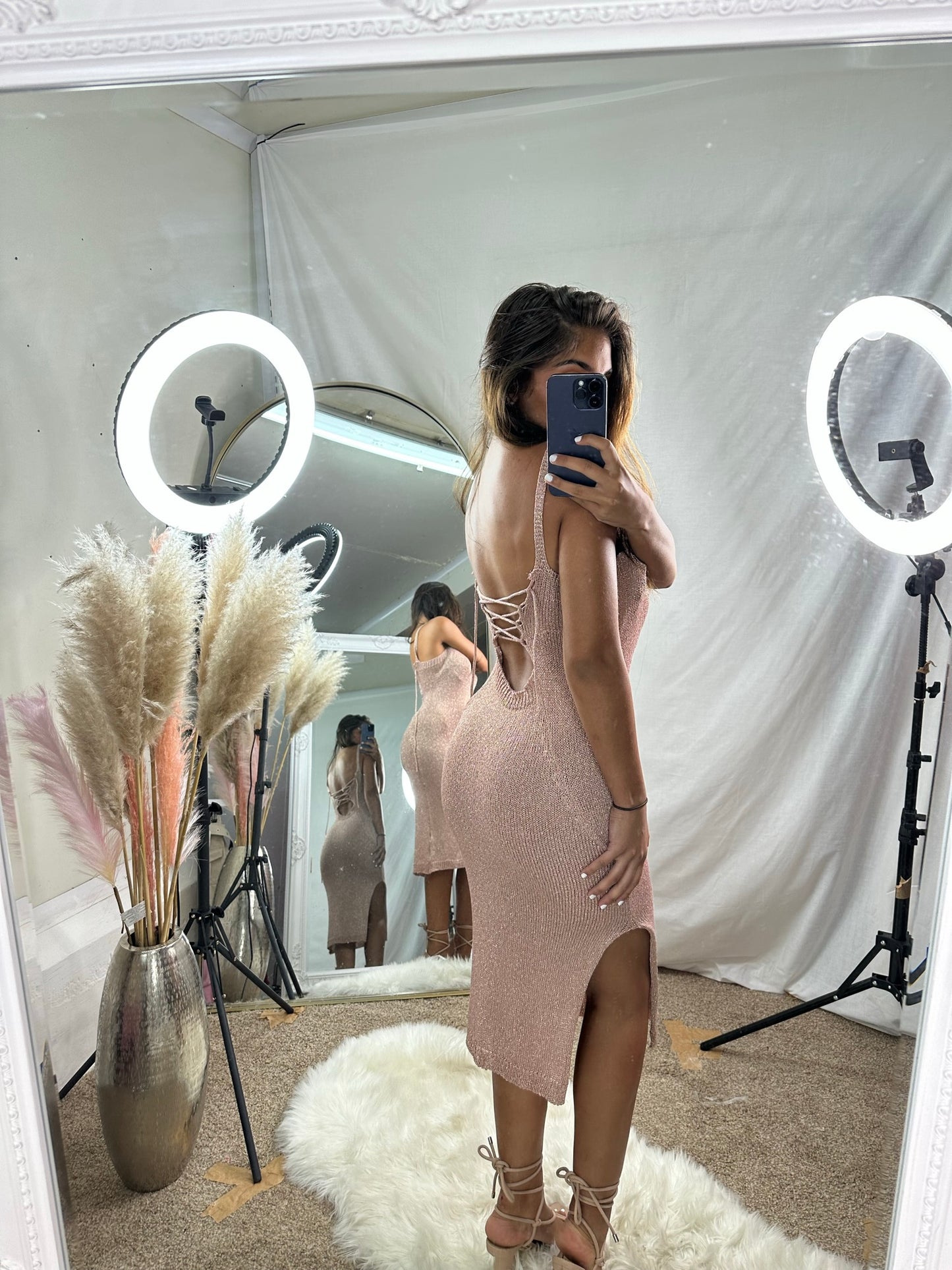 Natalie crochet shimmer side split dress