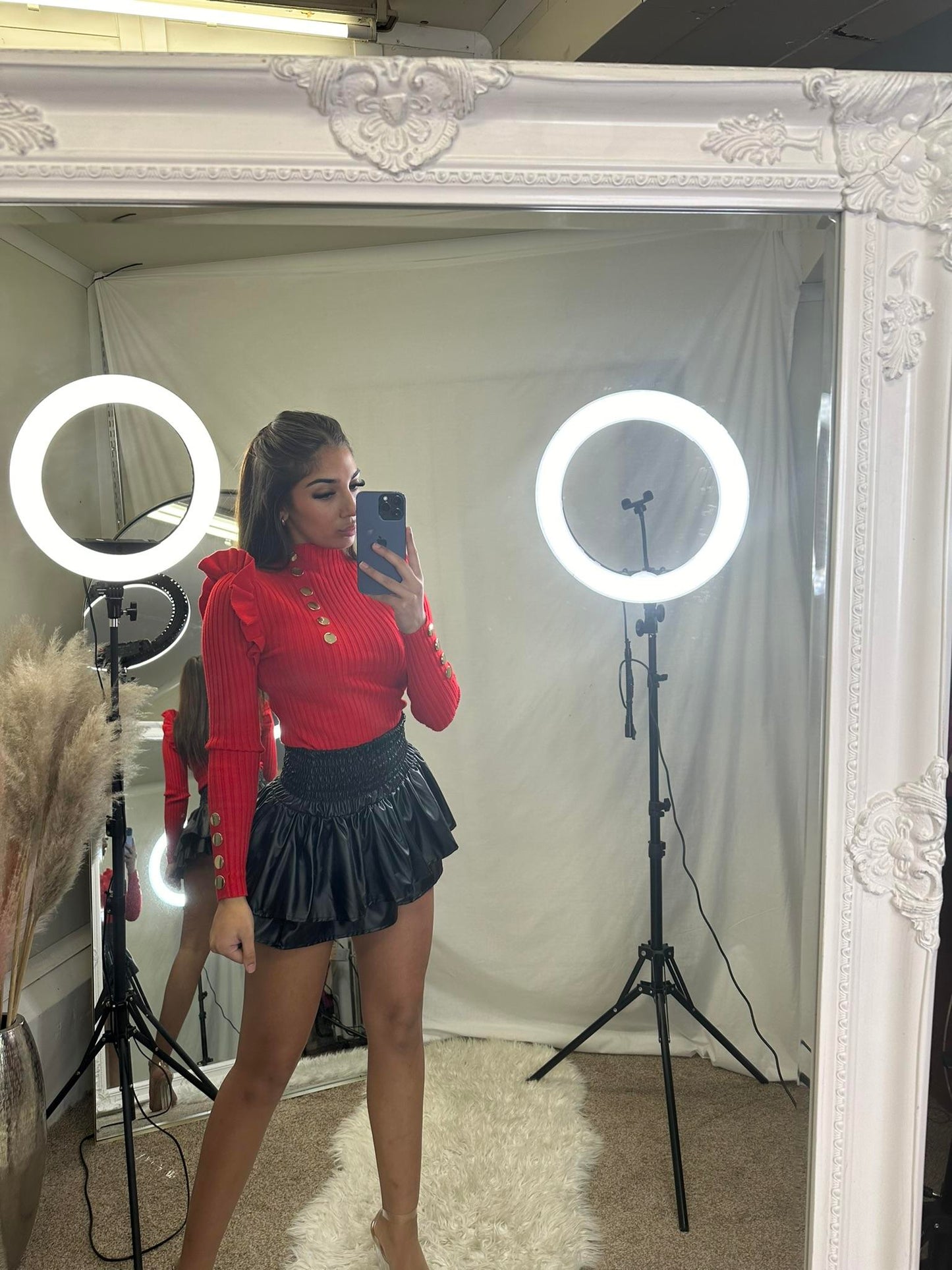 Frilled shoulder buttoned sleeved ribbed top