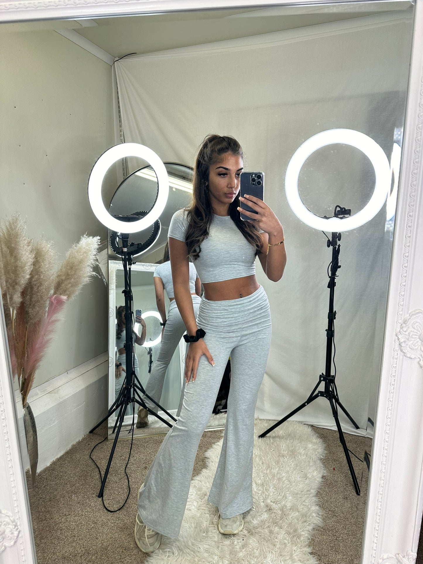 Ruched waist with short sleeve crop top and flared bottoms loungewear