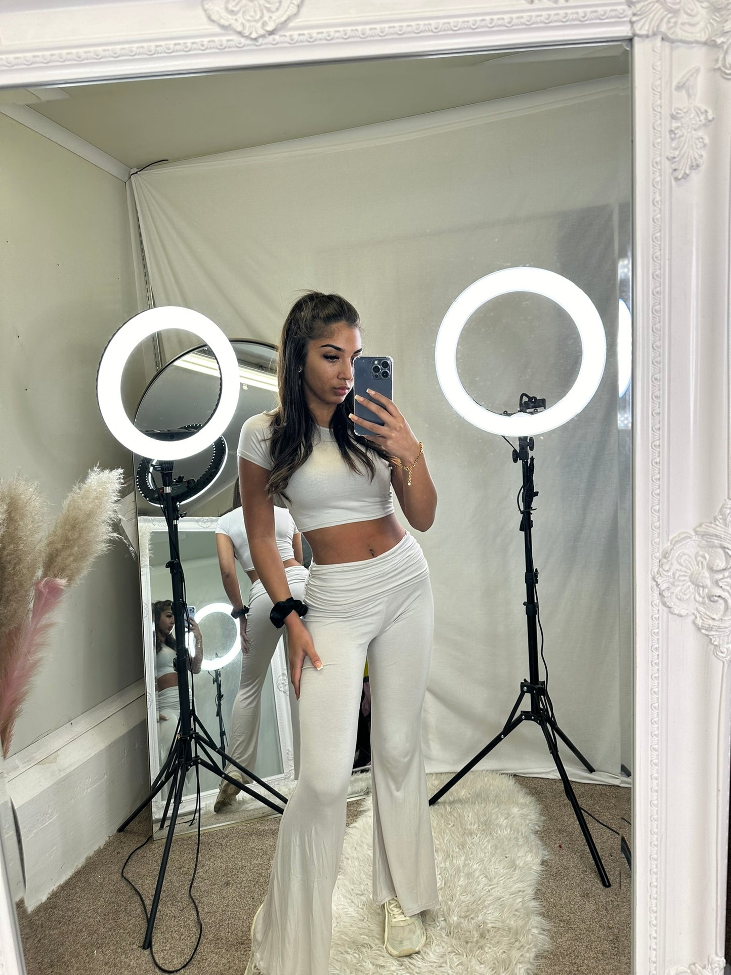 Ruched waist with short sleeve crop top and flared bottoms loungewear