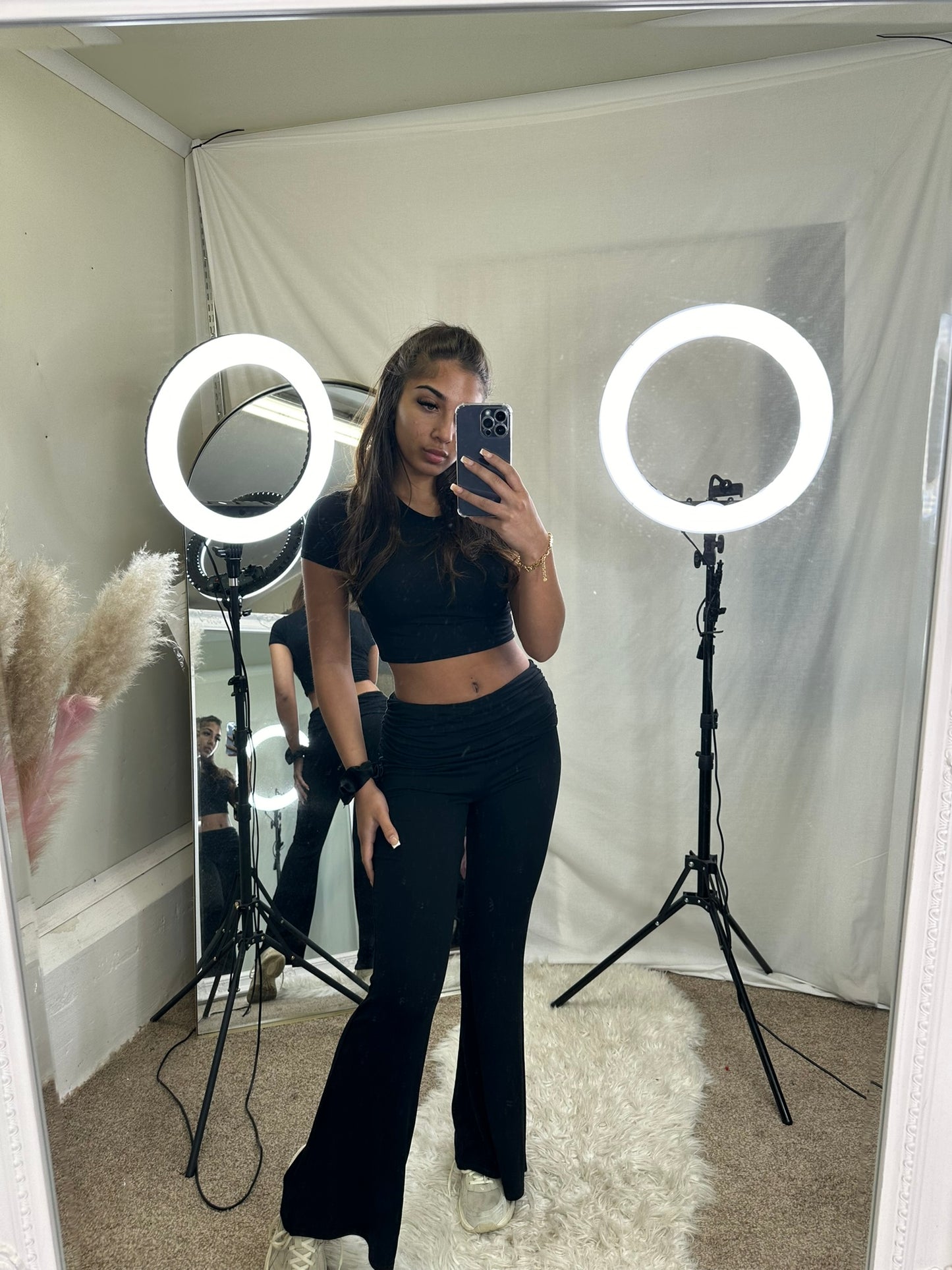 Ruched waist with short sleeve crop top and flared bottoms loungewear