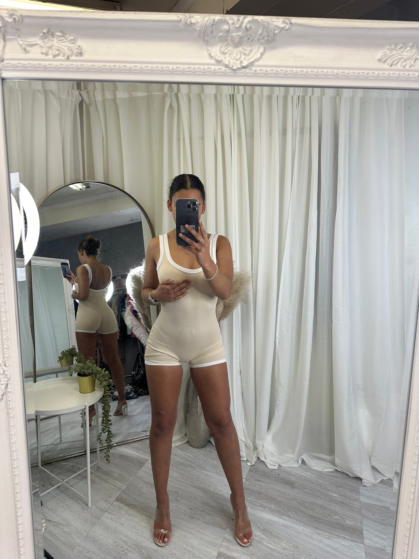 Contrast colour sleeveless ribbed unitard