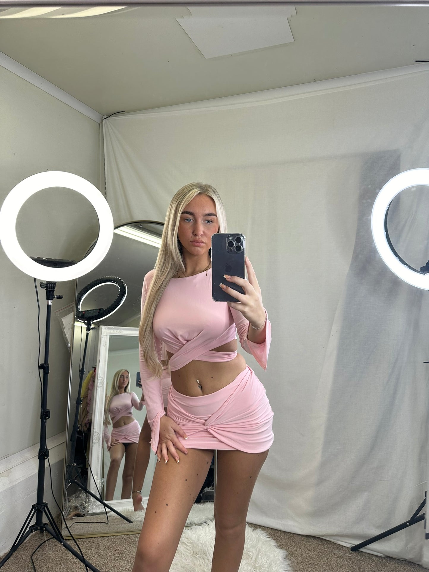 Long sleeved tie back crop top and mini skirt set 2036