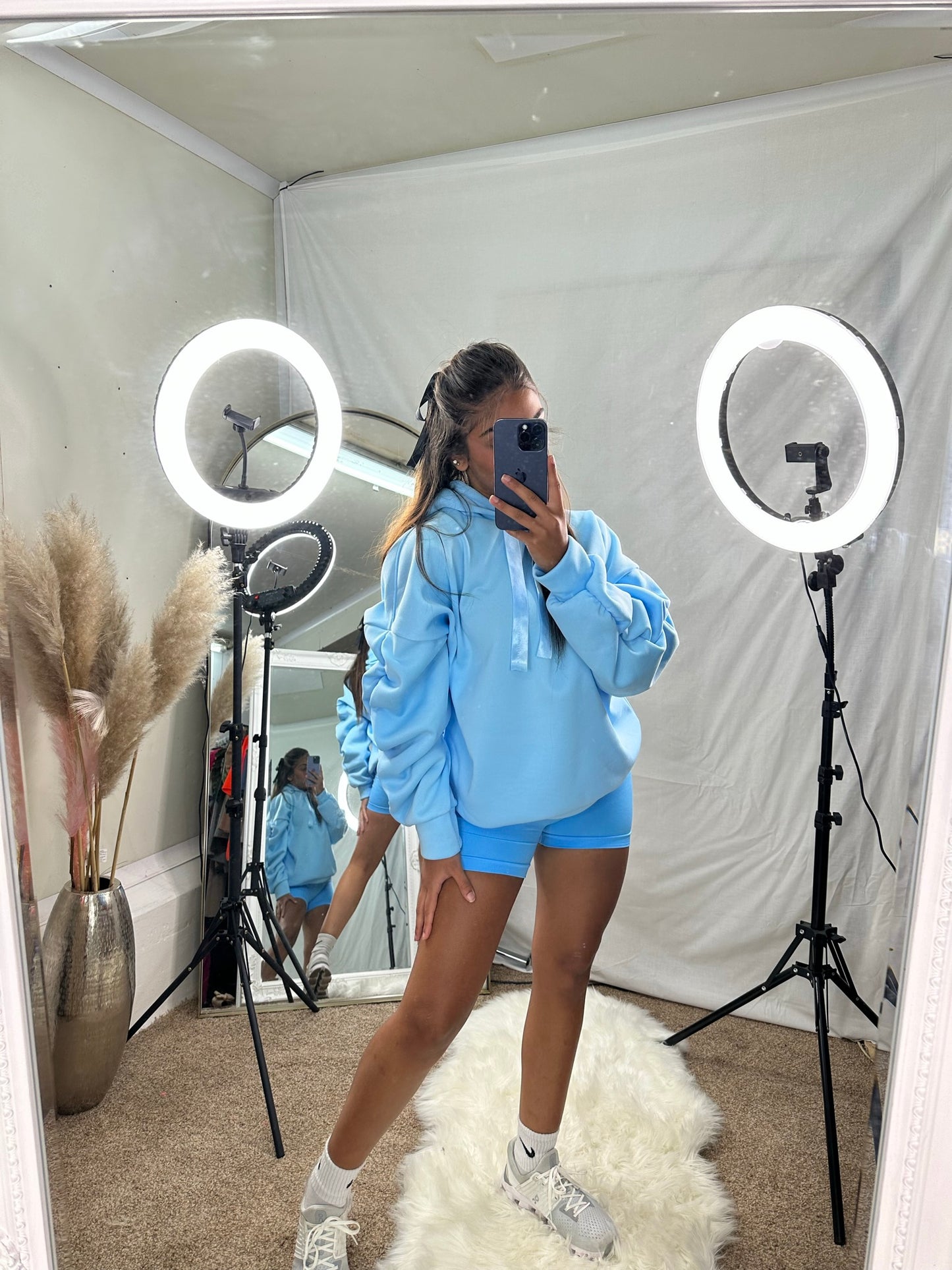 Riley ruche sleeve hoodie with ribbon drawstring